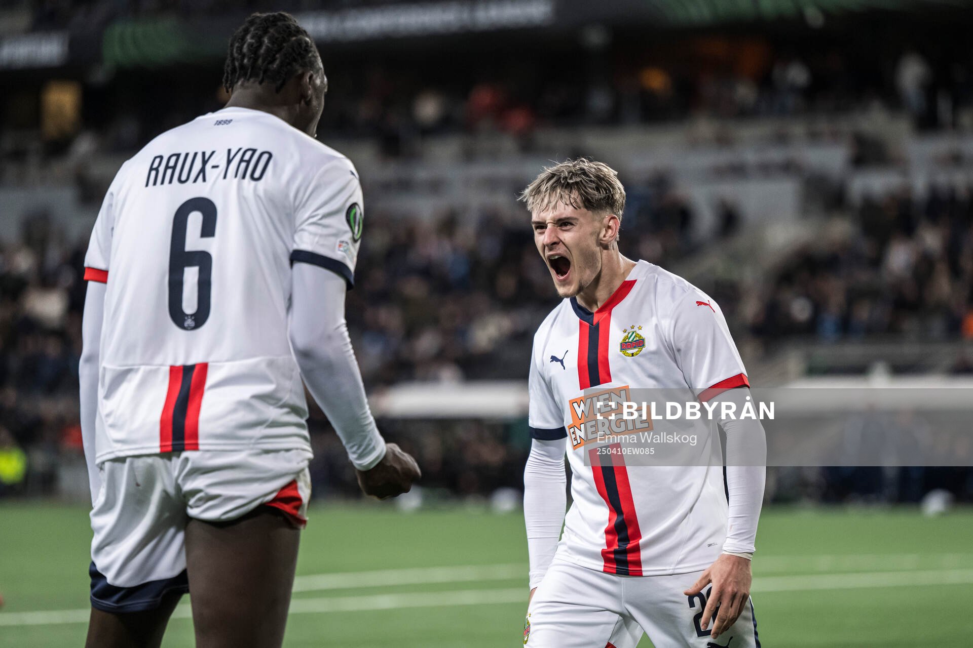 Serge-Philippe Raux-Yao and Moritz Oswald celebrate during the UEFA Conference League quarterfinal between Djurgården and Rapid Wien on April 10, 2025 in Stockholm.