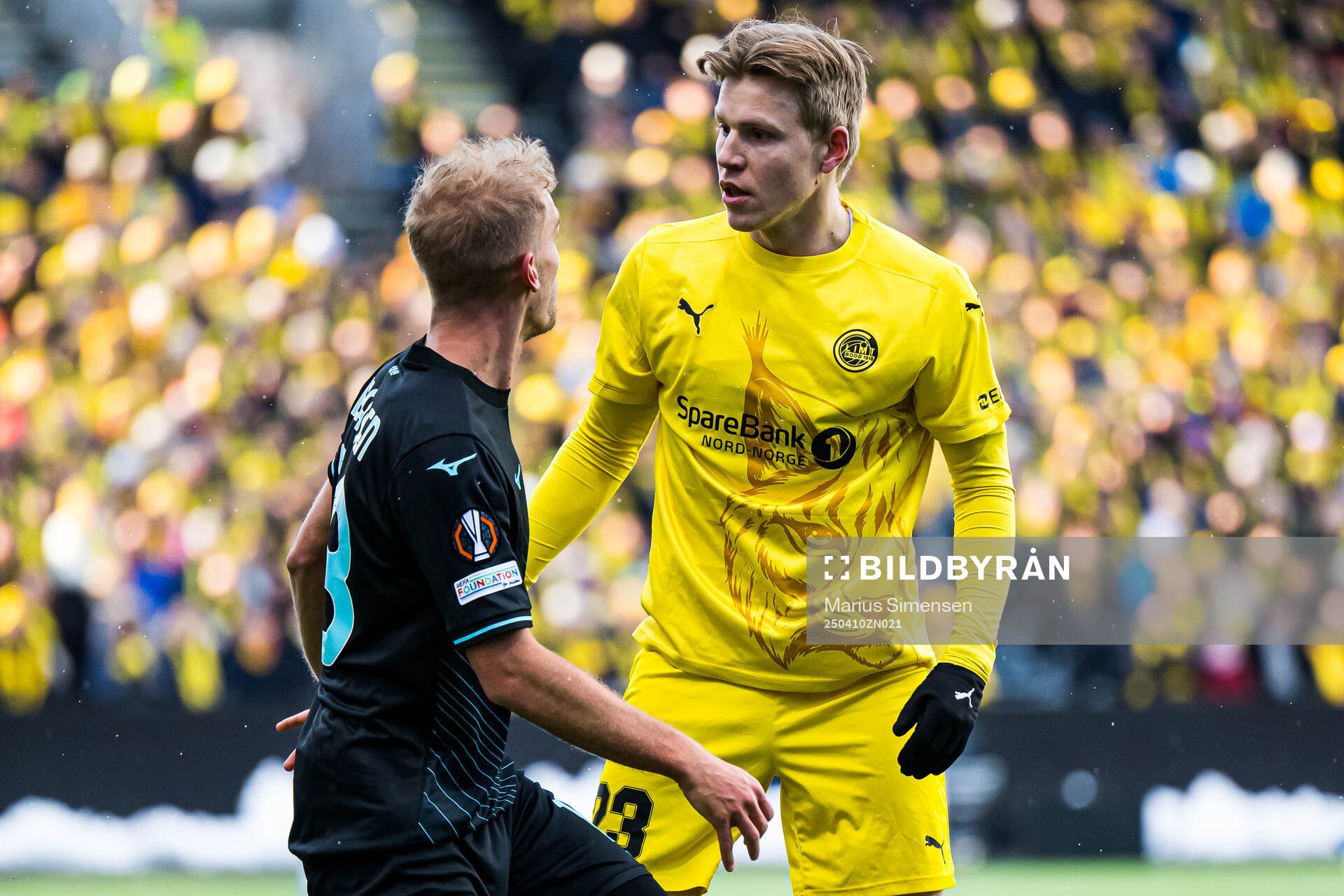 Gustav Isaksen of Lazio and Jens Petter Hauge of Bodø/Glimt during the UEFA Europa League quarter-final football match between Bodø/Glimt and Lazio on April 10, 2025 in Bodø.