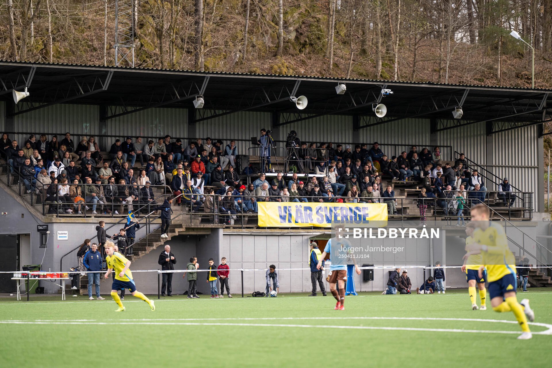 Spectators in the stands during the under-17 Future team tournament football match between Sweden and Belgium on April 11, 2025 in Borås.
