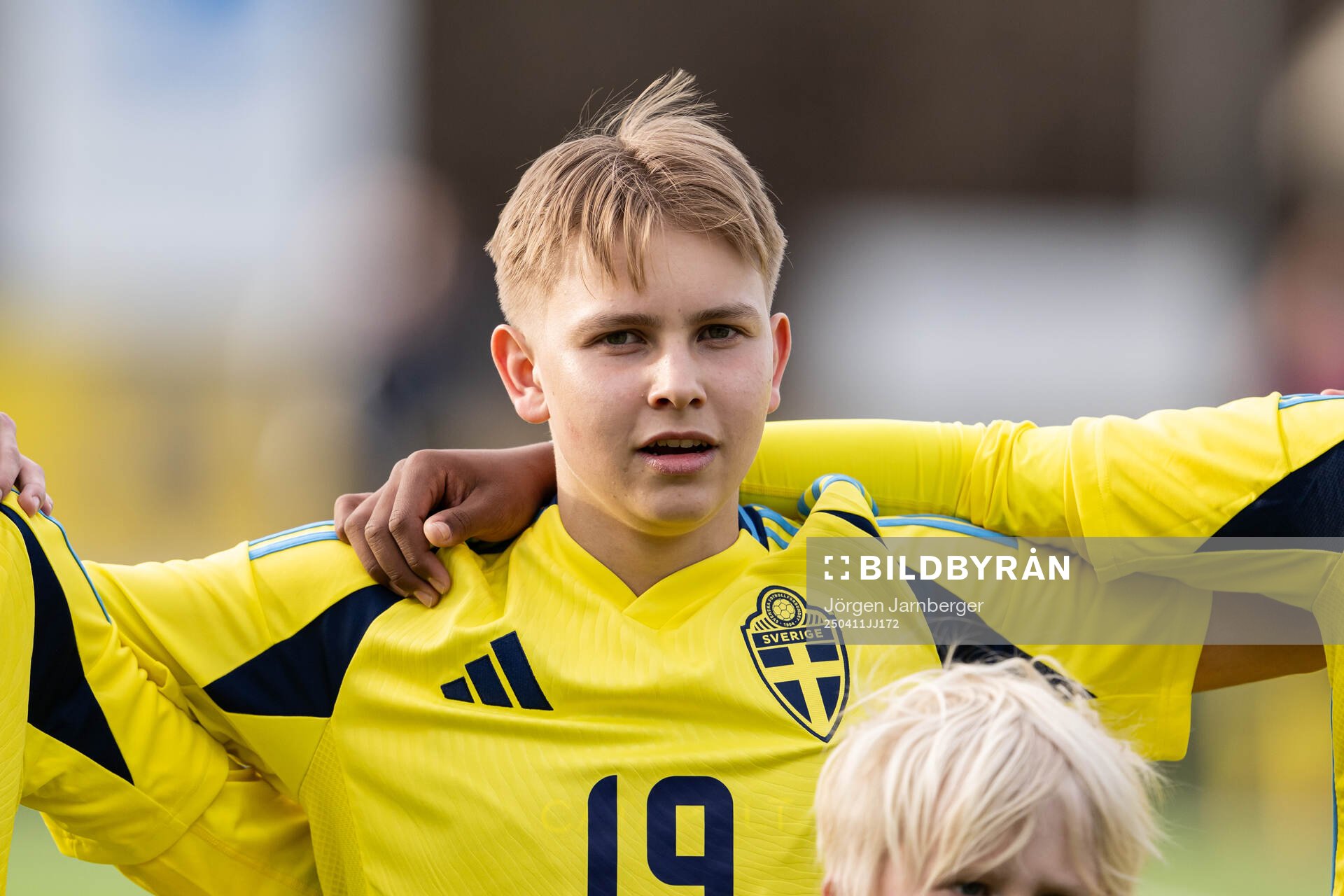 Harry Gruneus of Sweden during the line-up ahead of the under-17 Future team tournament football match between Sweden and Belgium on April 11, 2025 in Borås.