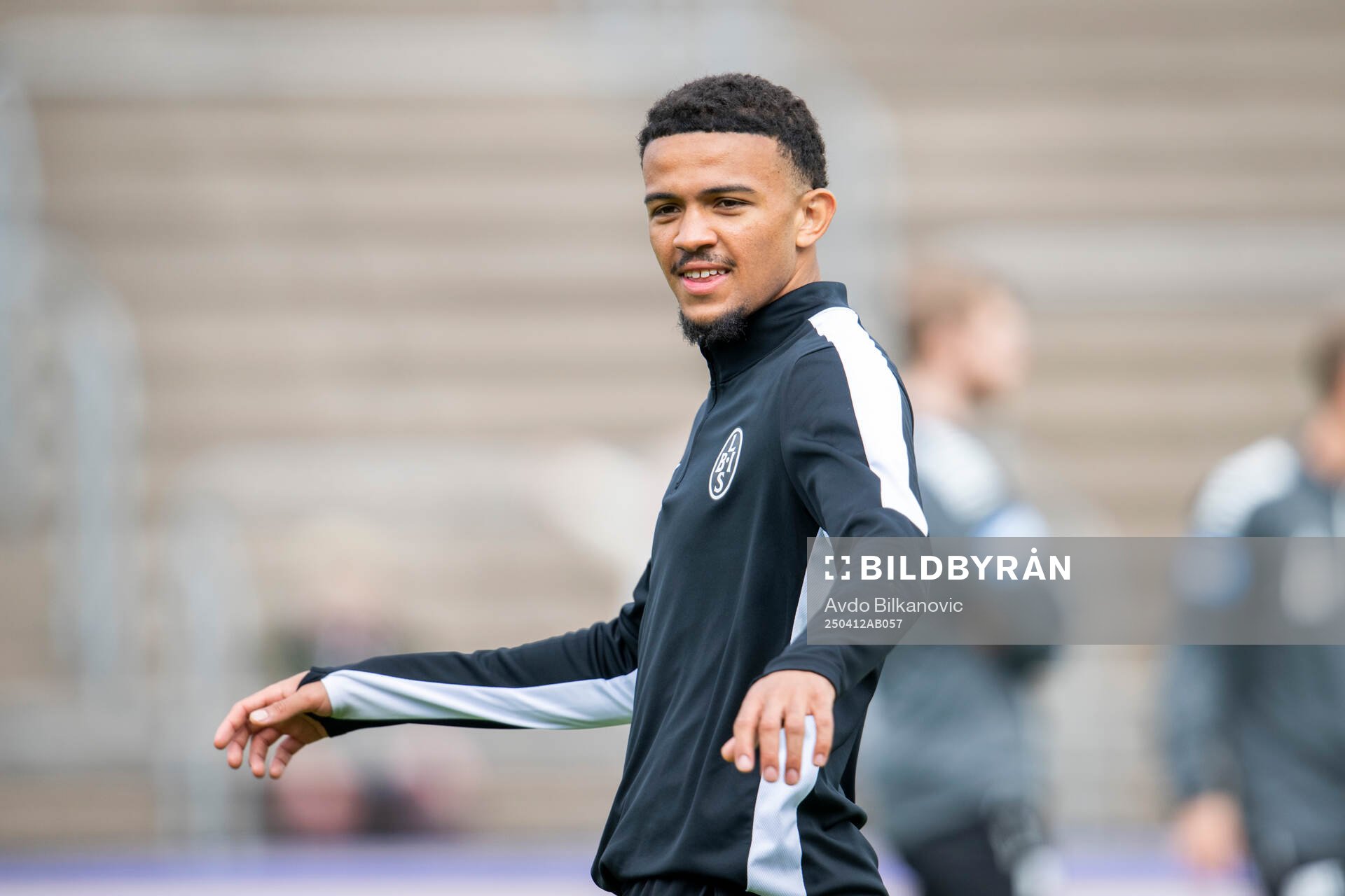 Landskronas Cameron Streete inför fotbollsmatchen i Superettan mellan Landskrona och Utsikten den 12 april 2025 i Landskrona. 