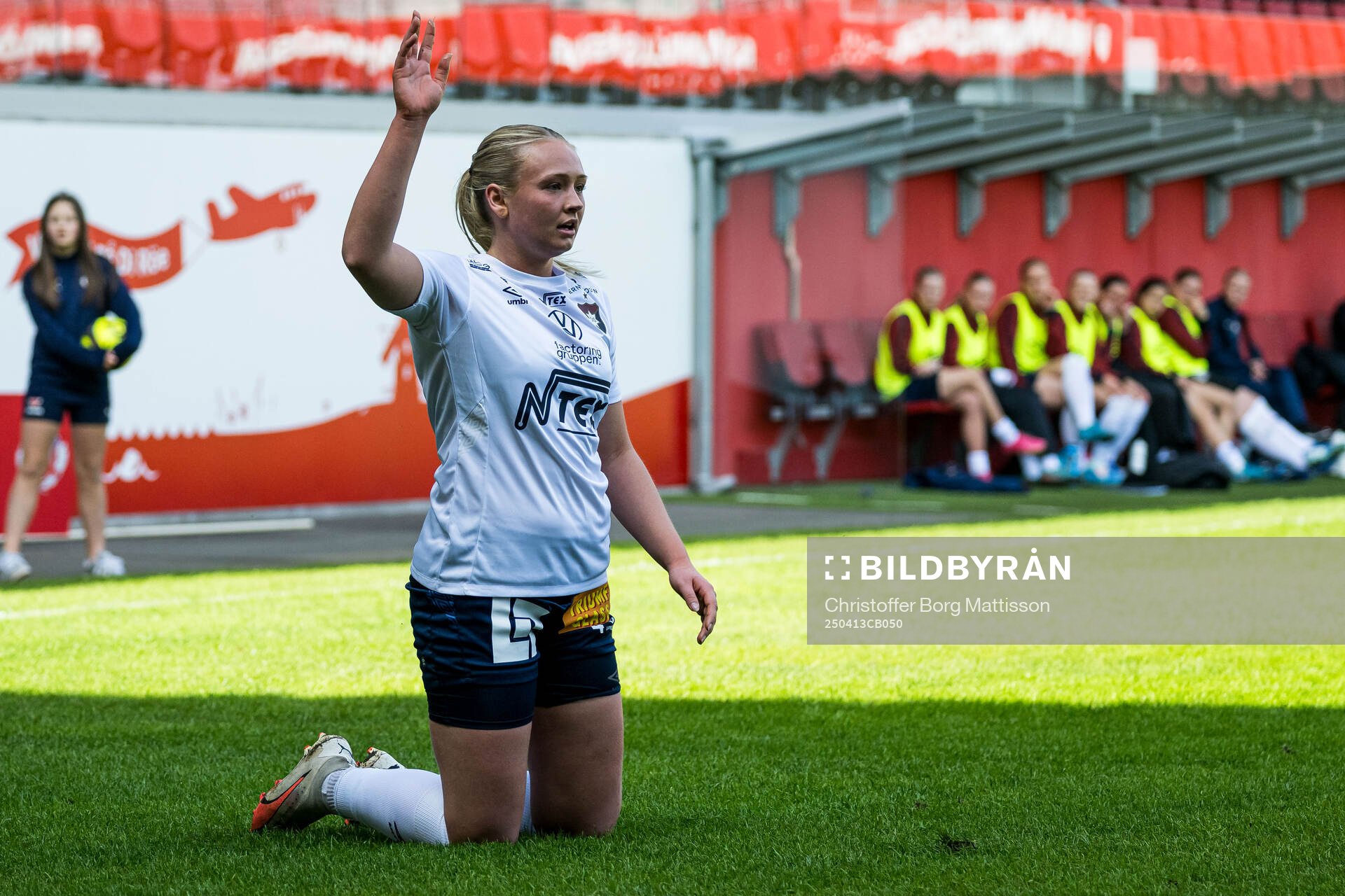 Örgrytes Emma Jarl under fotbollsmatchen i Division 1 södra mellan Helsingborg och Örgryte den 13 april 2025 i Helsingborg. 