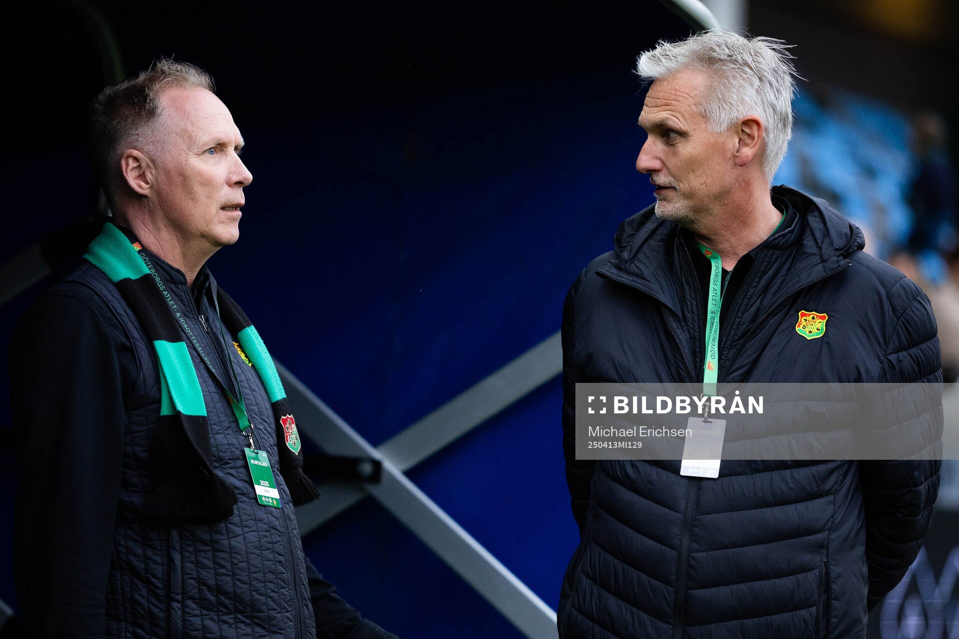 GAIS tekniske direktör Magnus Sköldmark och klubbchef Povel Fagerström efter fotbollsmatchen i Allsvenskan mellan GAIS och Degerfors den 13 april 2025 i Göteborg. 