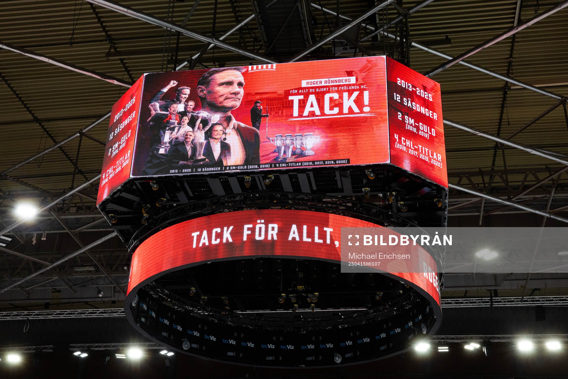 Jumbotronen i Scandinavium med ett tack till Frölundas