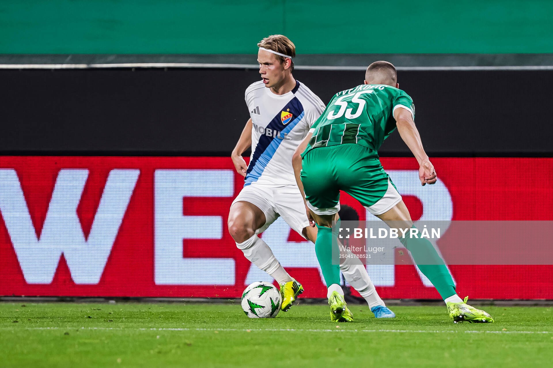 Tobias Gulliksen of Djurgården during the UEFA Conference League quarterfinal between Rapid Wien and Djurgården on April 17, 2025 in Wien.