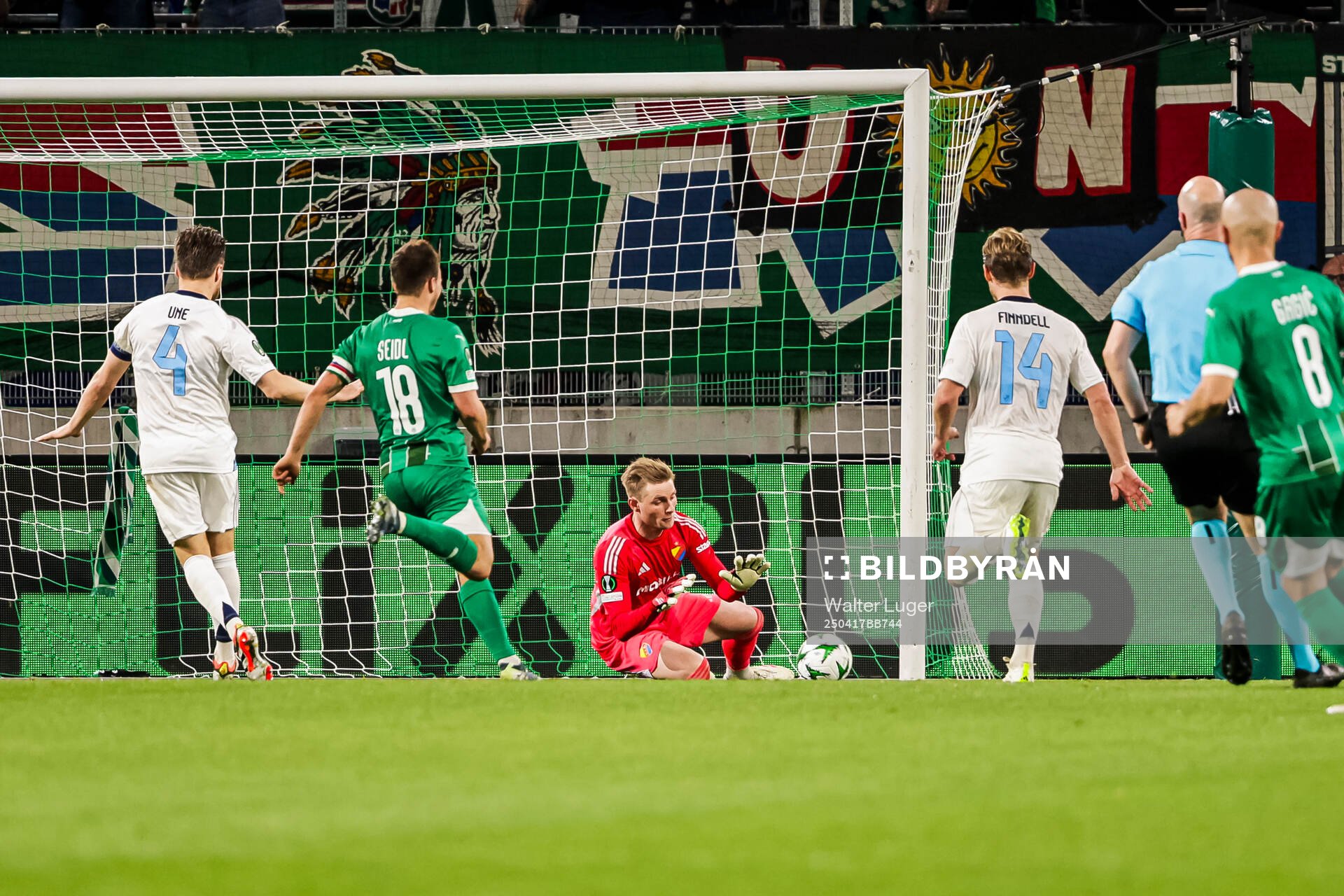 Goalkeeper Jacob Rinne of Djurgården during the UEFA Conference League quarterfinal between Rapid Wien and Djurgården on April 17, 2025 in Wien.