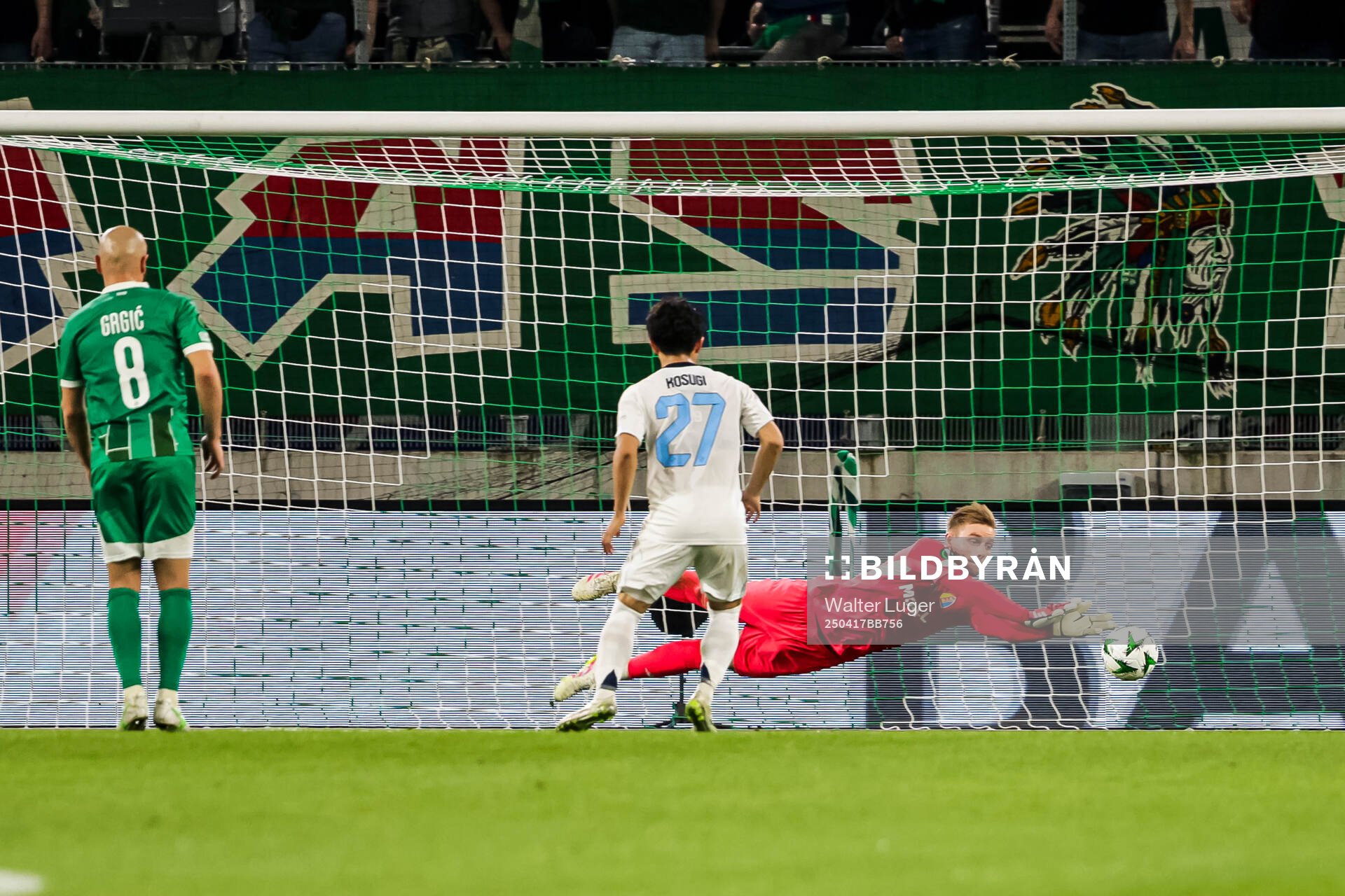 Goalkeeper Jacob Rinne of Djurgården during the UEFA Conference League quarterfinal between Rapid Wien and Djurgården on April 17, 2025 in Wien.