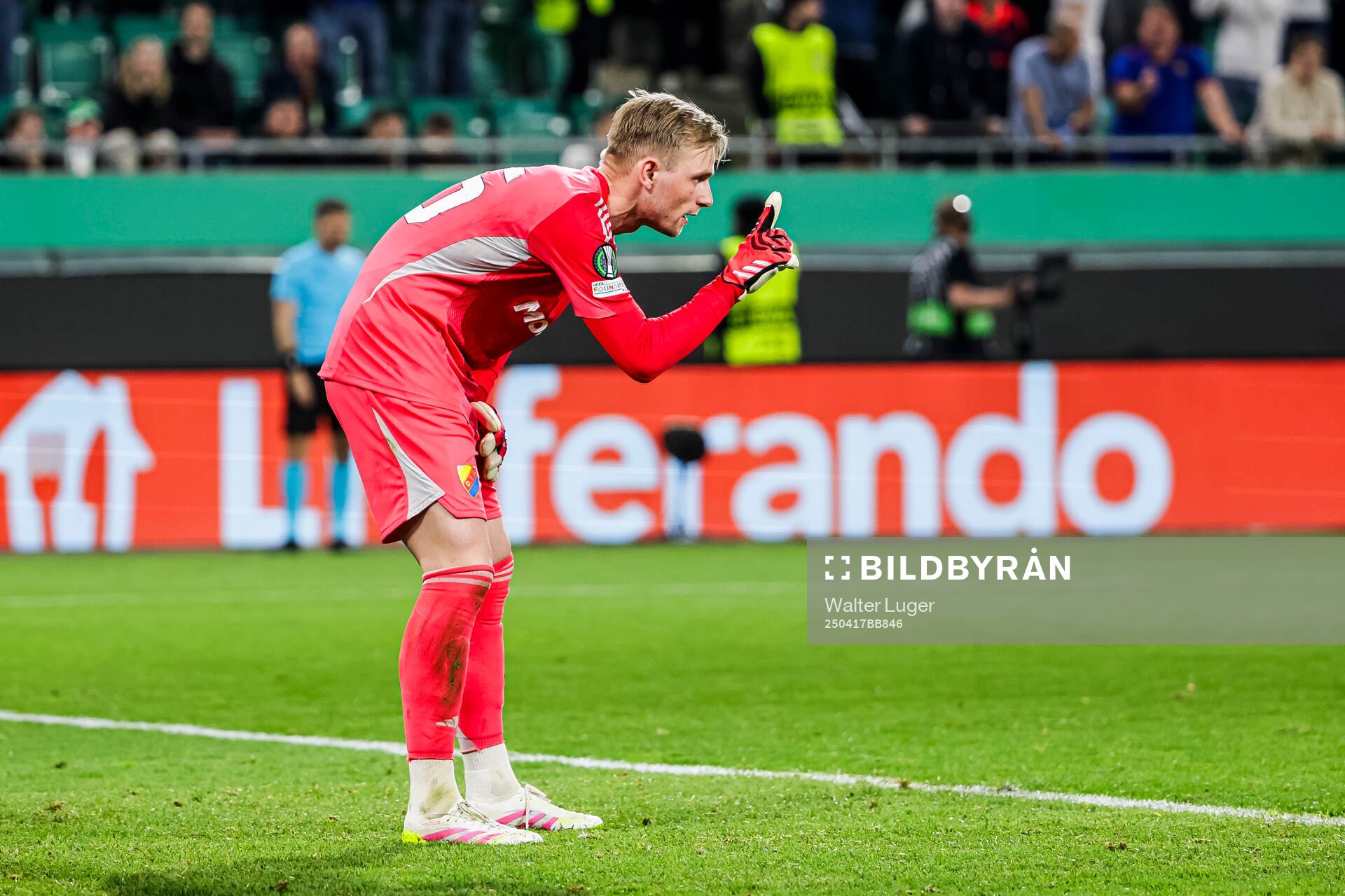 Goalkeeper Jacob Rinne of Djurgården during the UEFA Conference League quarterfinal between Rapid Wien and Djurgården on April 17, 2025 in Wien.