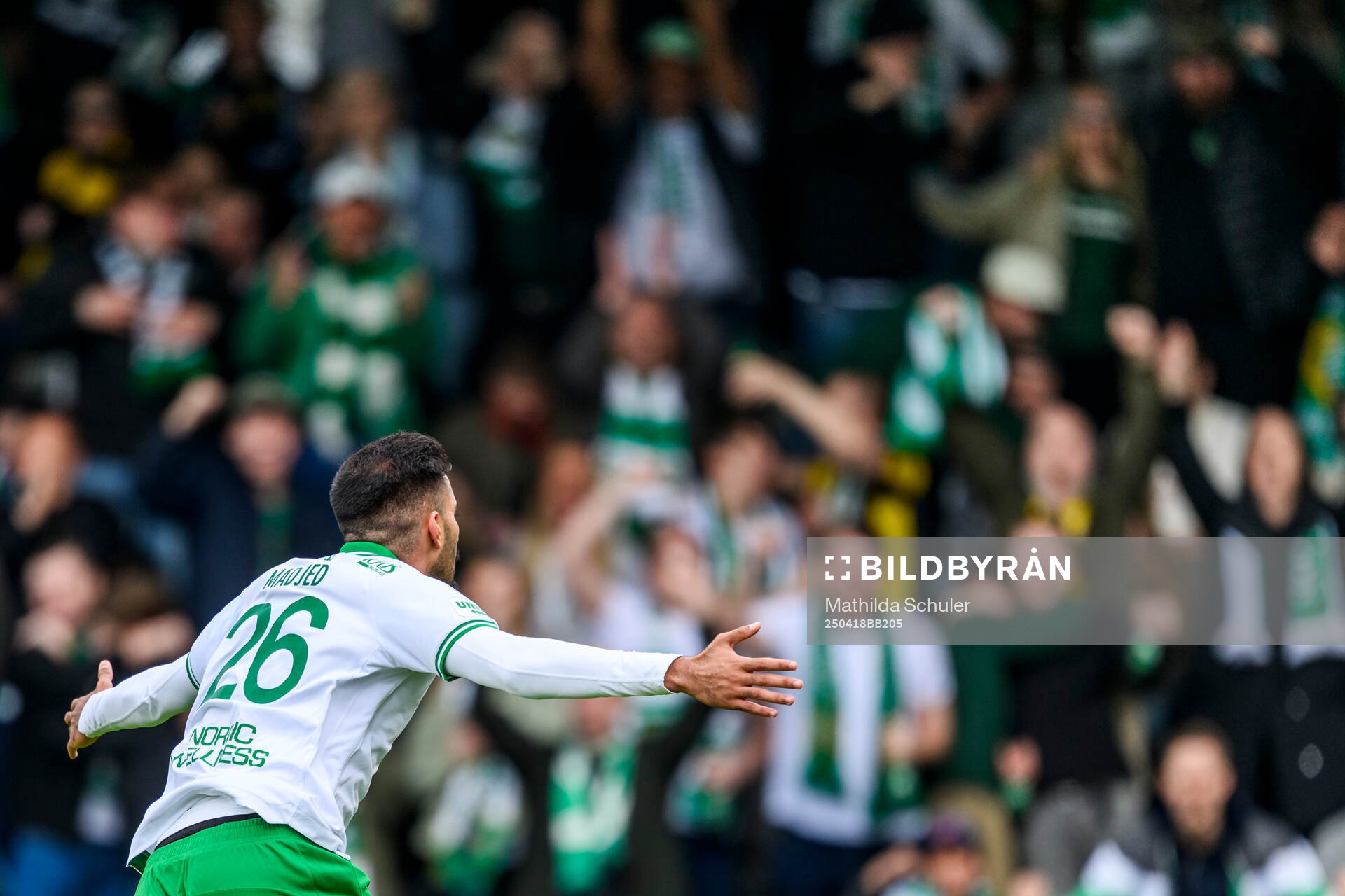 Hammarbys Montader Madjed jublar efter 1-1 under fotbollsmatchen i Allsvenskan mellan Mjällby och Hammarby den 18 april 2025 i Hällevik.