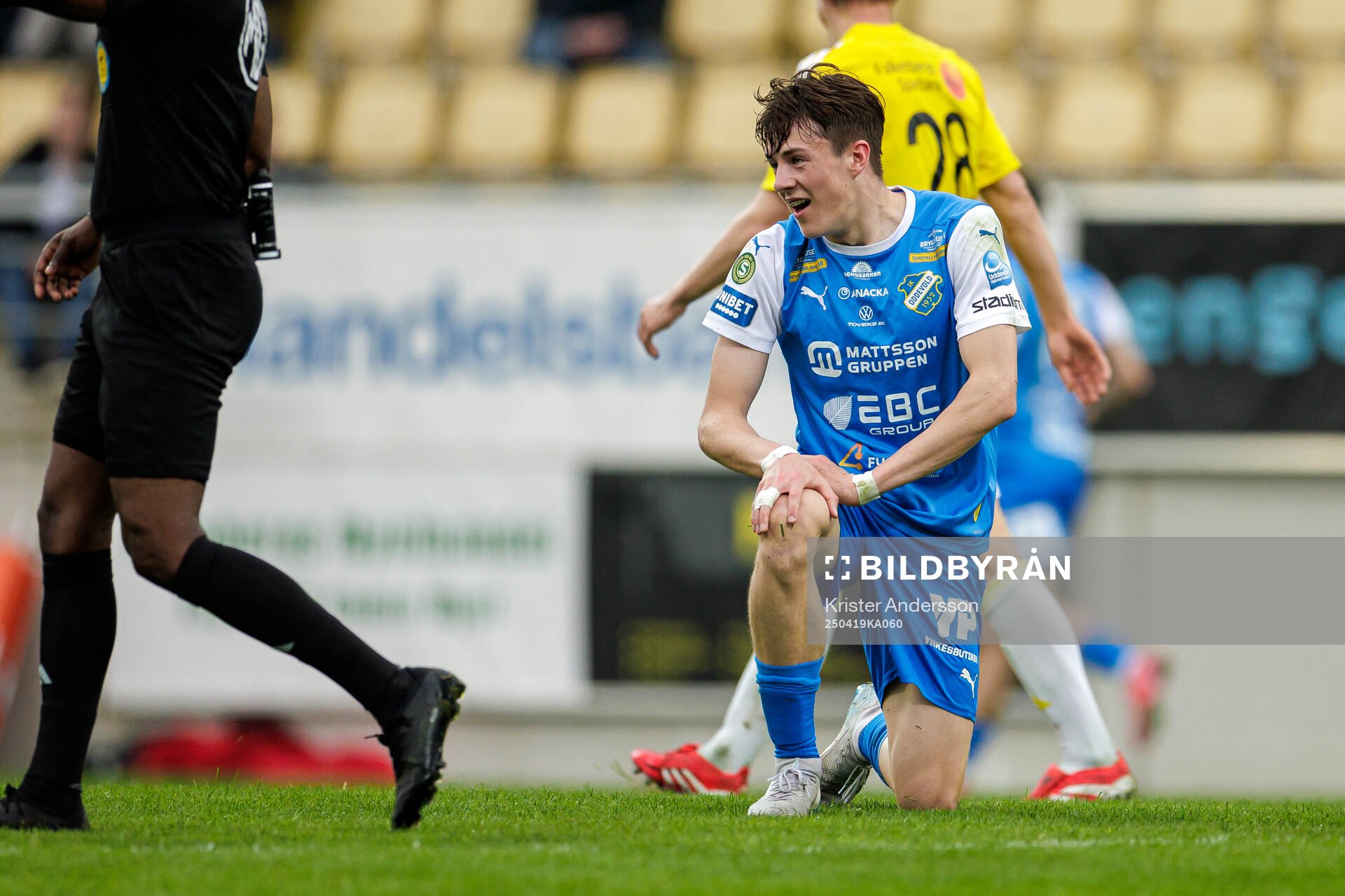 Oddevolds Adam Stroud under fotbollsmatchen i Superettan mellan Falkenberg och Oddevold den 19 april 2025 i Falkenberg. 