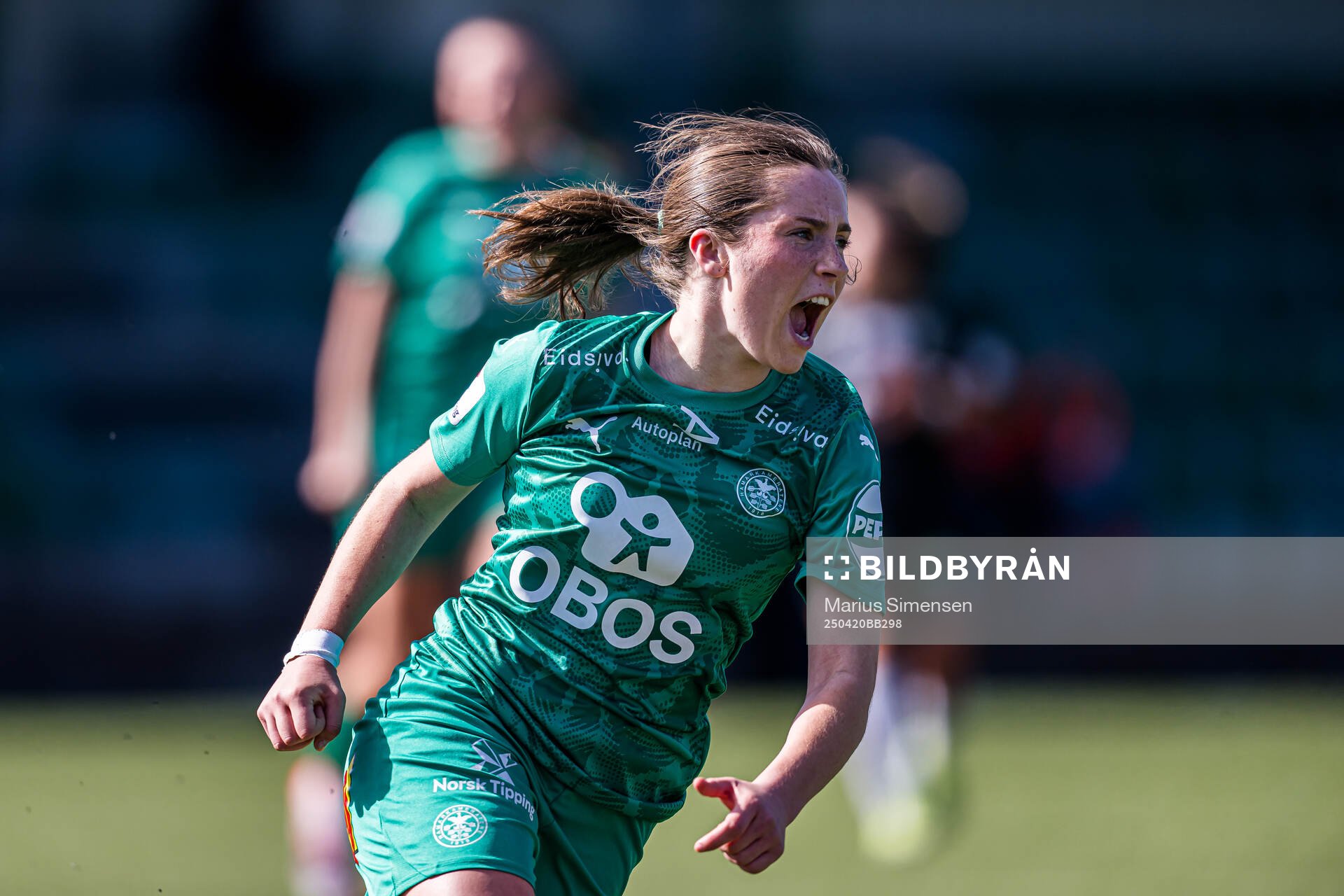 Mari Fisketjøn Indrebø of HamKam celebrates after scoring the 1-1 goal during the 1. division football match between KIL/Hemne and HamKam on April 20, 2025 in Kyrksæterøra.