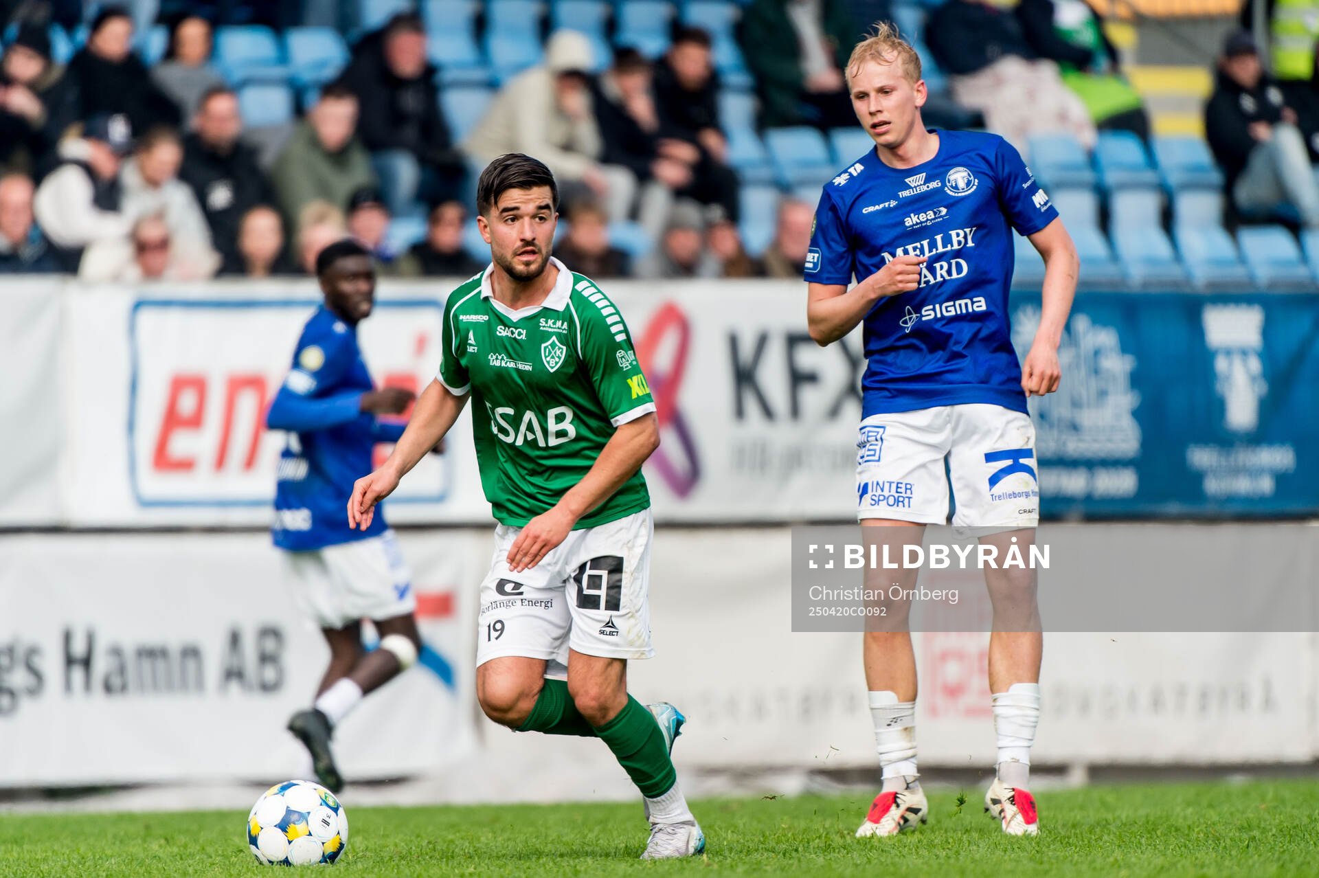 Brages Haris Brkic under fotbollsmatchen i Superettan mellan Trelleborg och Brage den 20 april 2025 i Trelleborg. 