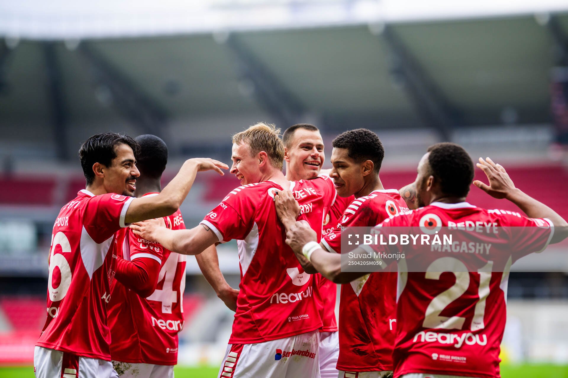 Kalmars Sivert Engh Øverby jublar efter 1-0 under fotbollsmatchen i Superettan mellan Kalmar och Östersund den 20 april 2025 i Kalmar. 