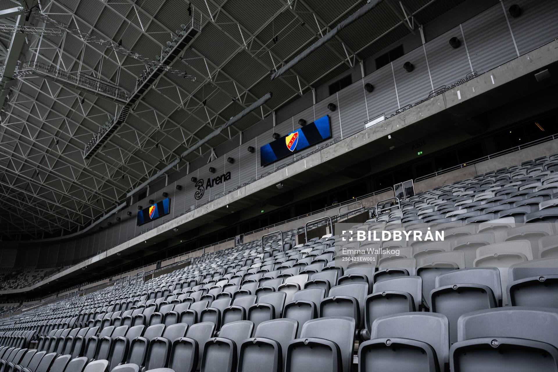 Interiör vy över 3Arena inför fotbollsmatchen i Allsvenskan mellan Djurgården och GAIS den 21 april 2025 i Stockholm. 