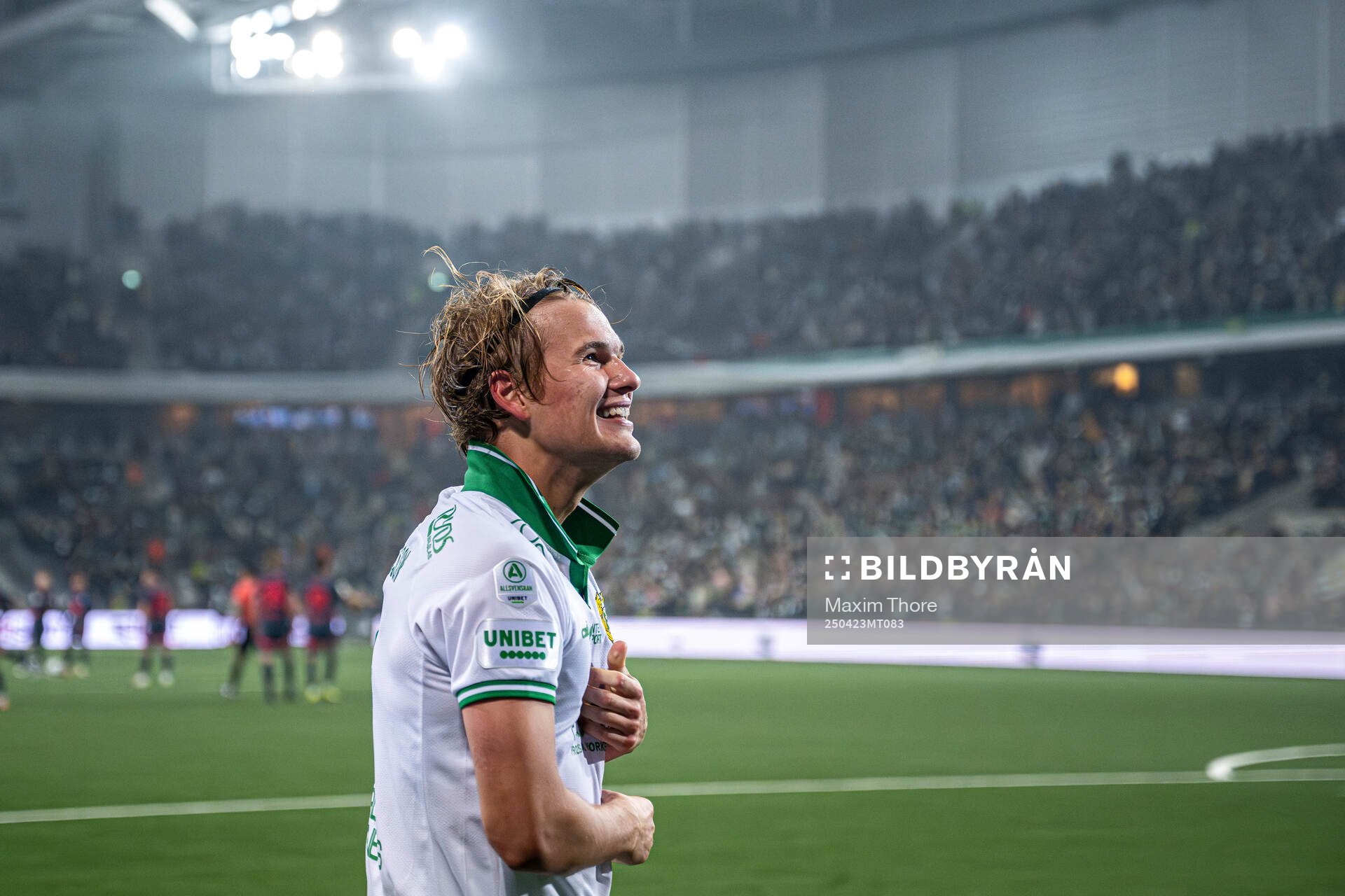 Hammarbys Markus Karlsson jublar efter 2-0 under fotbollsmatchen i Allsvenskan mellan Hammarby och Malmö FF den 23 april 2025 i Stockholm. 