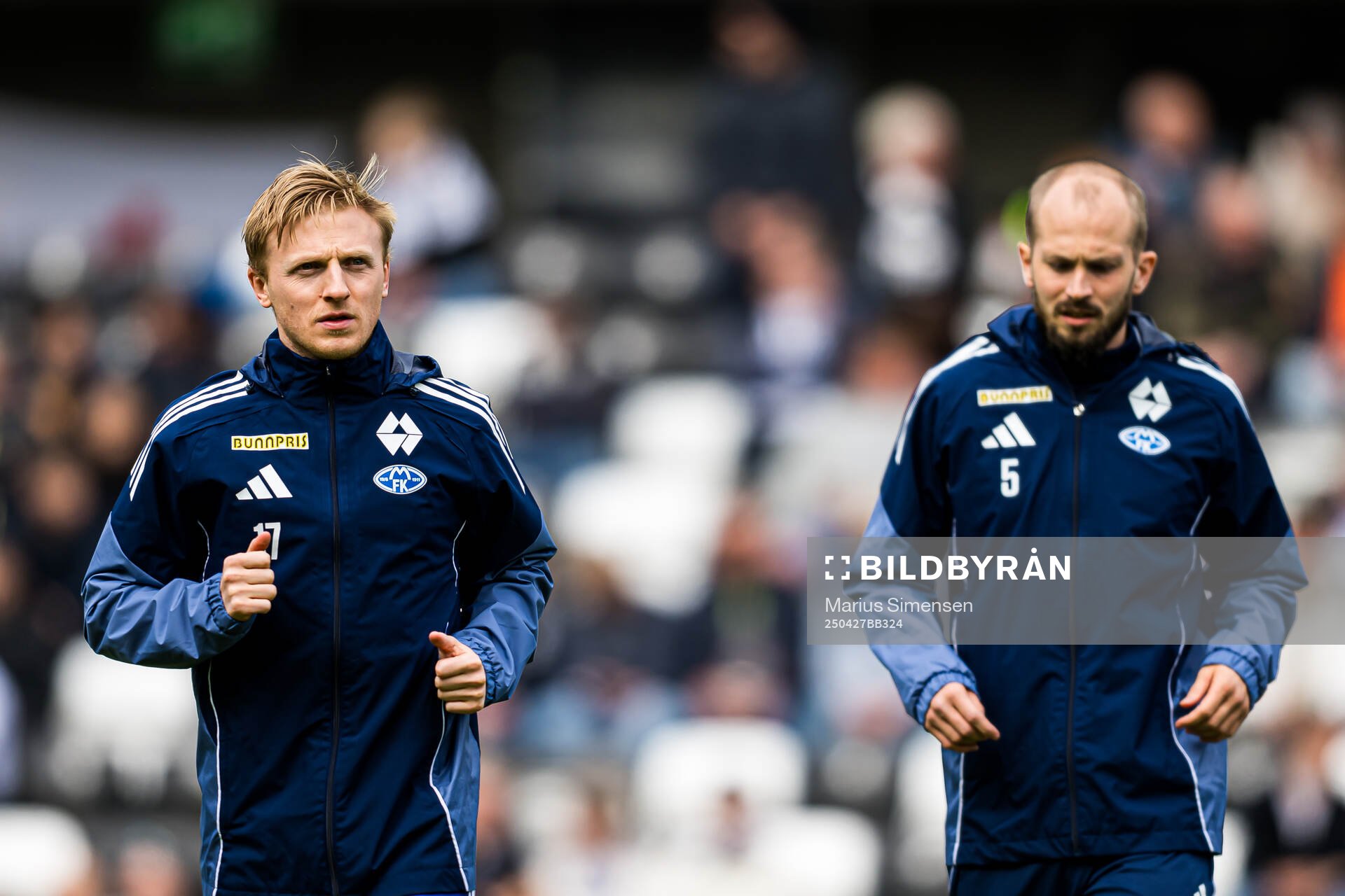 Mats Møller Dæhli and Eirik Hestad of Molde warms up ahead of the Eliteserien match between Rosenborg and Molde on April 27, 2025 in Trondheim.
