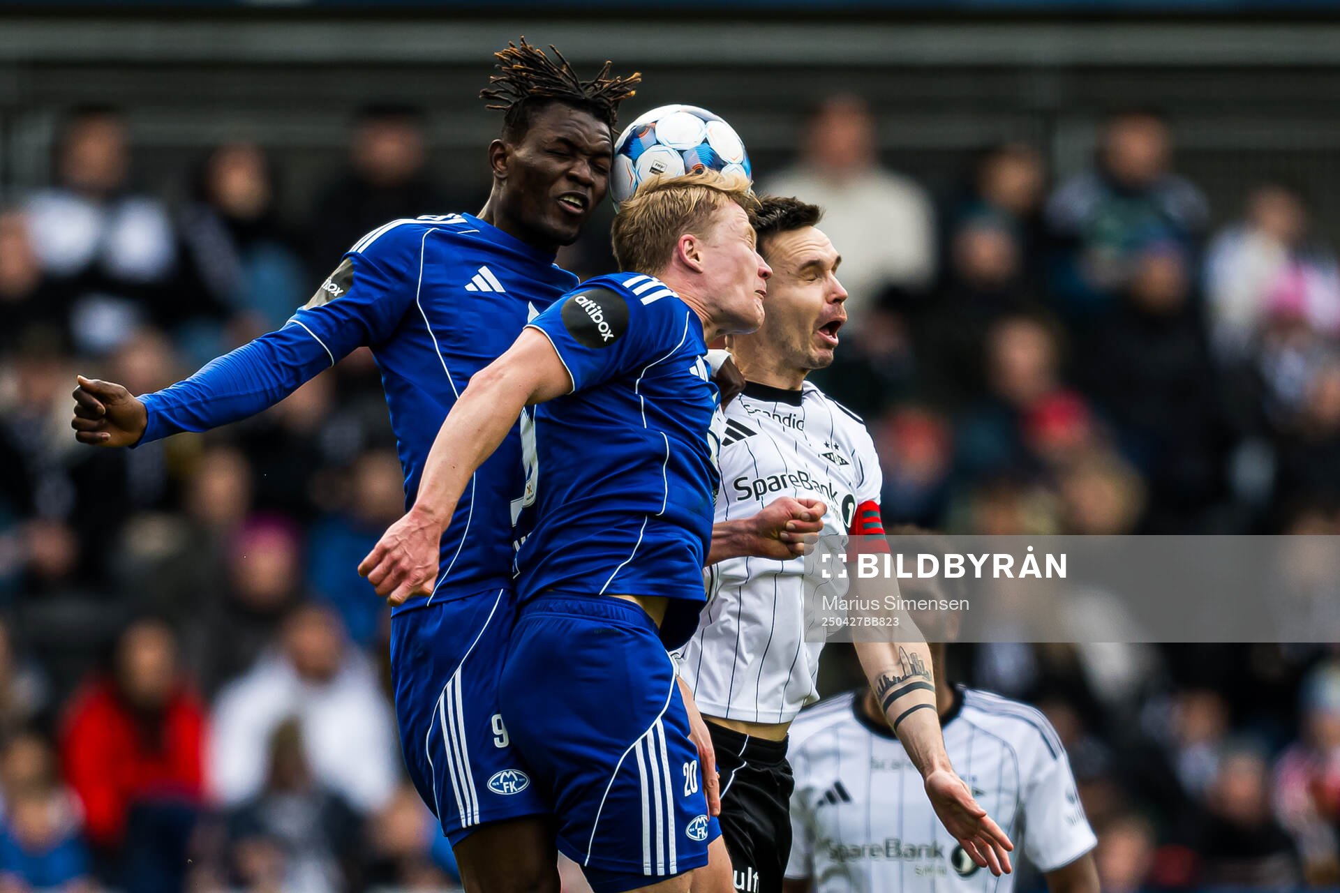 Wolji Jalal Abdullai, Kristian Eriksen of Molde and Ole Kristian Selnæs of Rosenborg during the Eliteserien match between Rosenborg and Molde on April 27, 2025 in Trondheim.