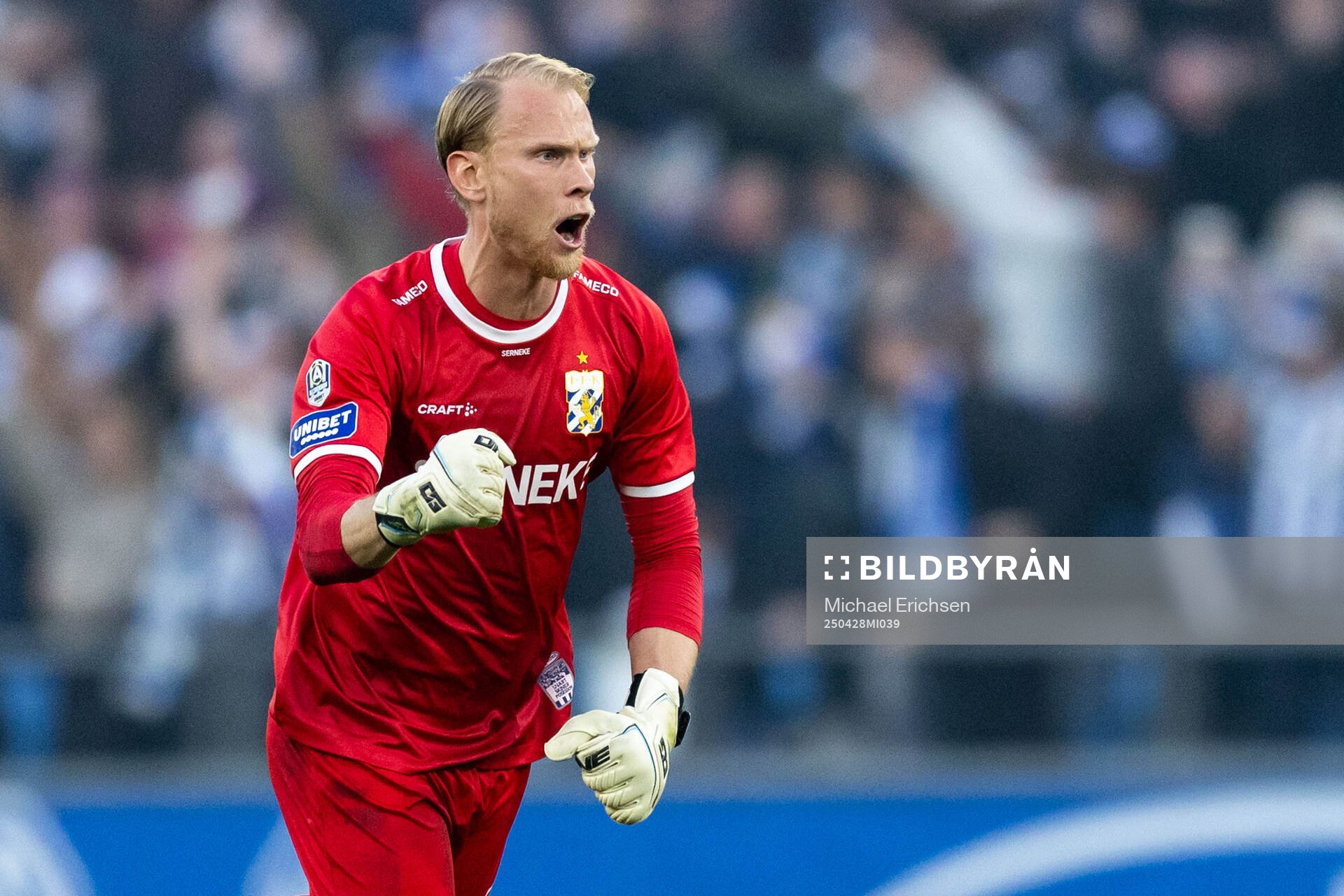 IFK Göteborgs målvakt Pontus Dahlberg jublar efter 1-1 under fotbollsmatchen i Allsvenskan mellan IFK Göteborg och GAIS den 28 april 2025 i Göteborg.