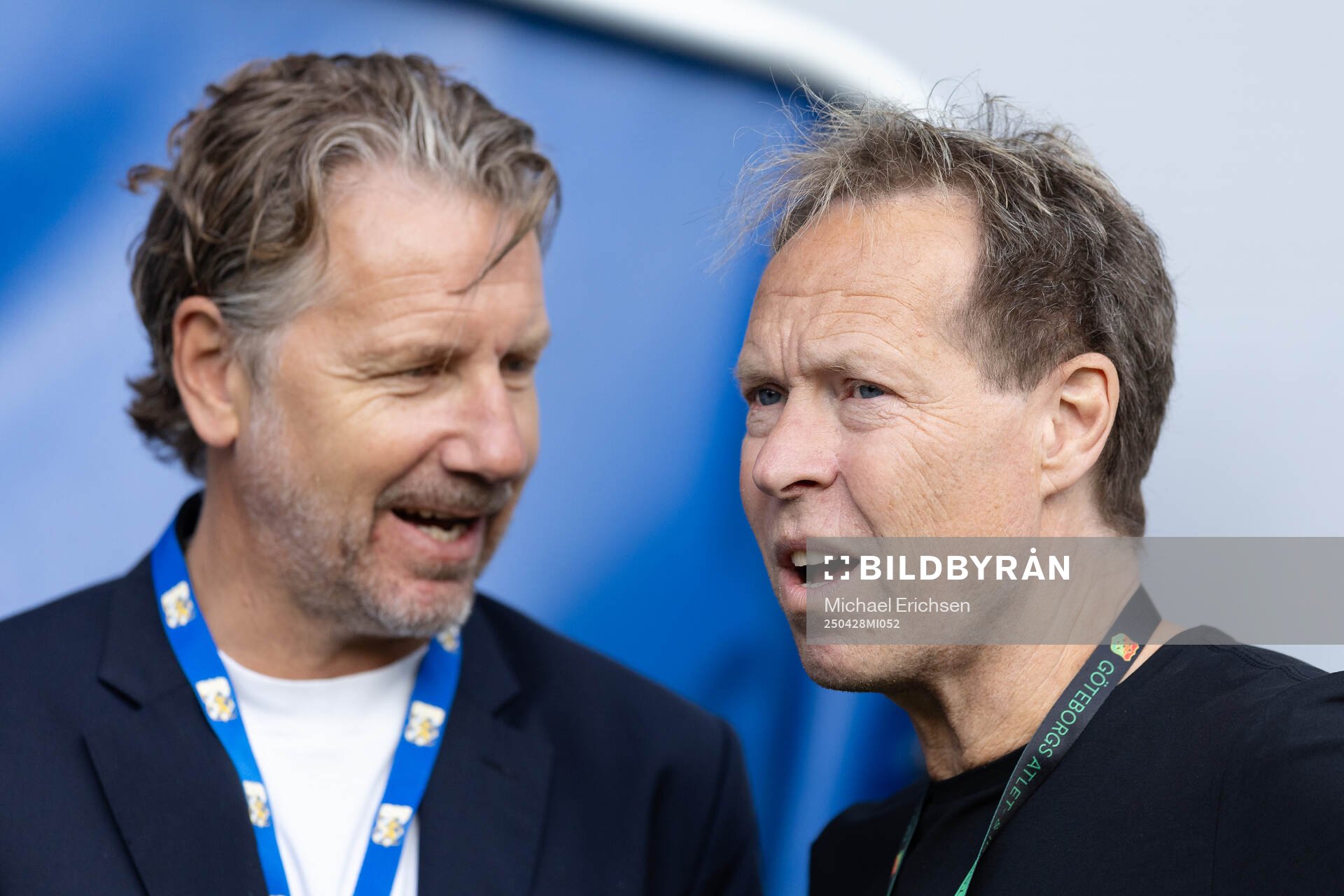 IFK Göteborgs fotbollschef Jesper Jansson och GAIS player manager Nicklas Karlström inför fotbollsmatchen i Allsvenskan mellan IFK Göteborg och GAIS den 28 april 2025 i Göteborg.