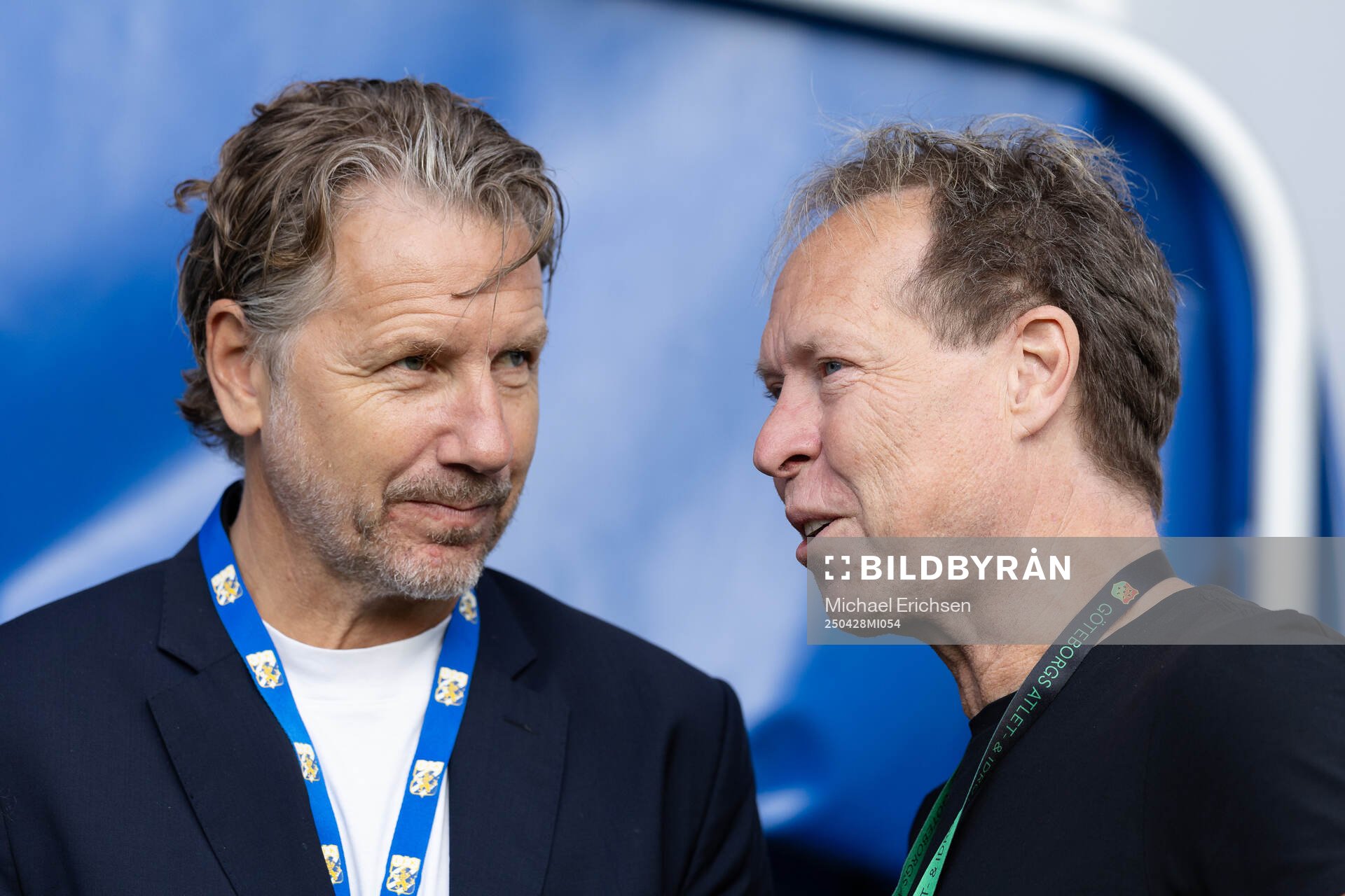 IFK Göteborgs fotbollschef Jesper Jansson och GAIS player manager Nicklas Karlström inför fotbollsmatchen i Allsvenskan mellan IFK Göteborg och GAIS den 28 april 2025 i Göteborg.