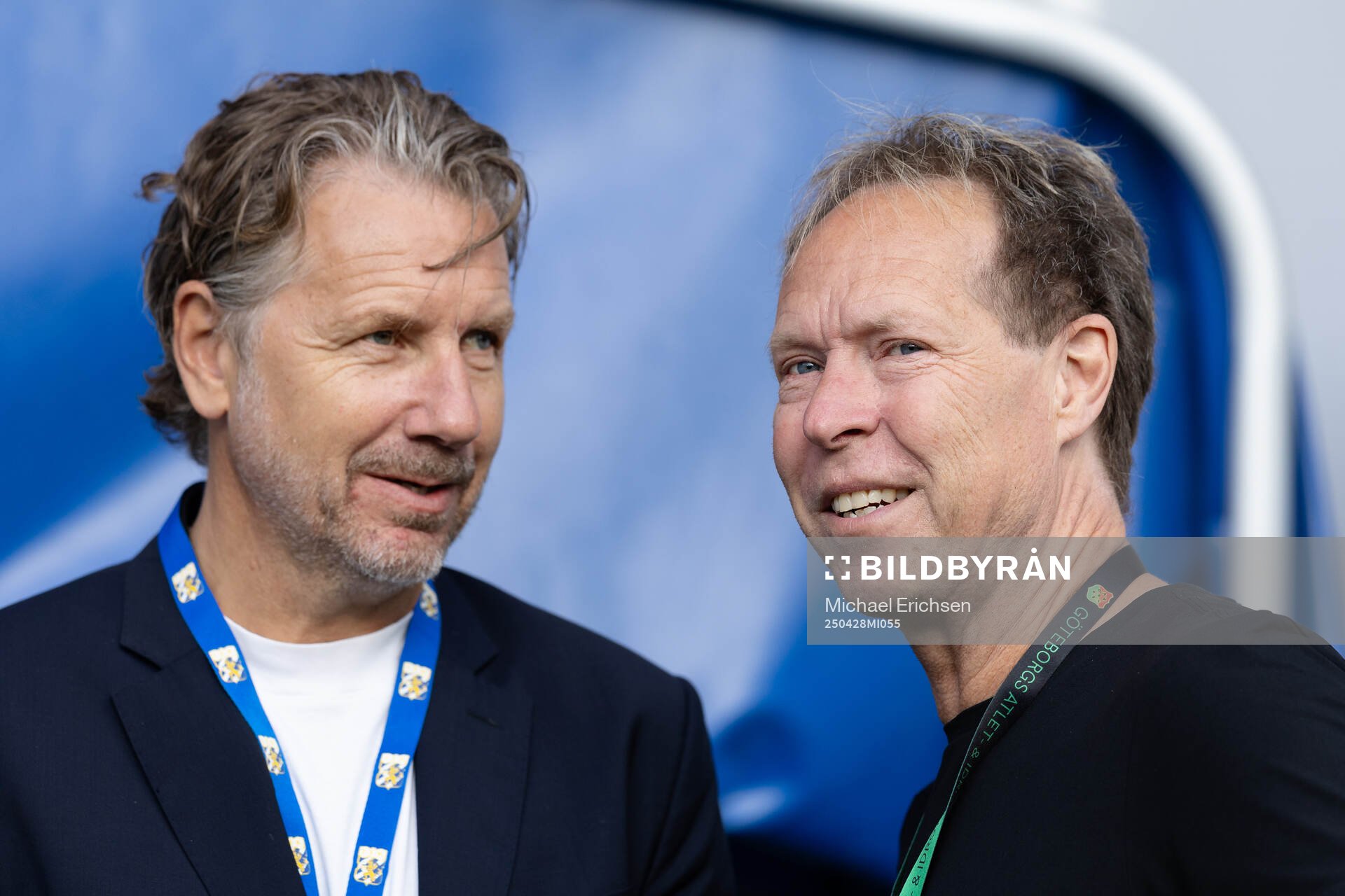 IFK Göteborgs fotbollschef Jesper Jansson och GAIS player manager Nicklas Karlström inför fotbollsmatchen i Allsvenskan mellan IFK Göteborg och GAIS den 28 april 2025 i Göteborg.