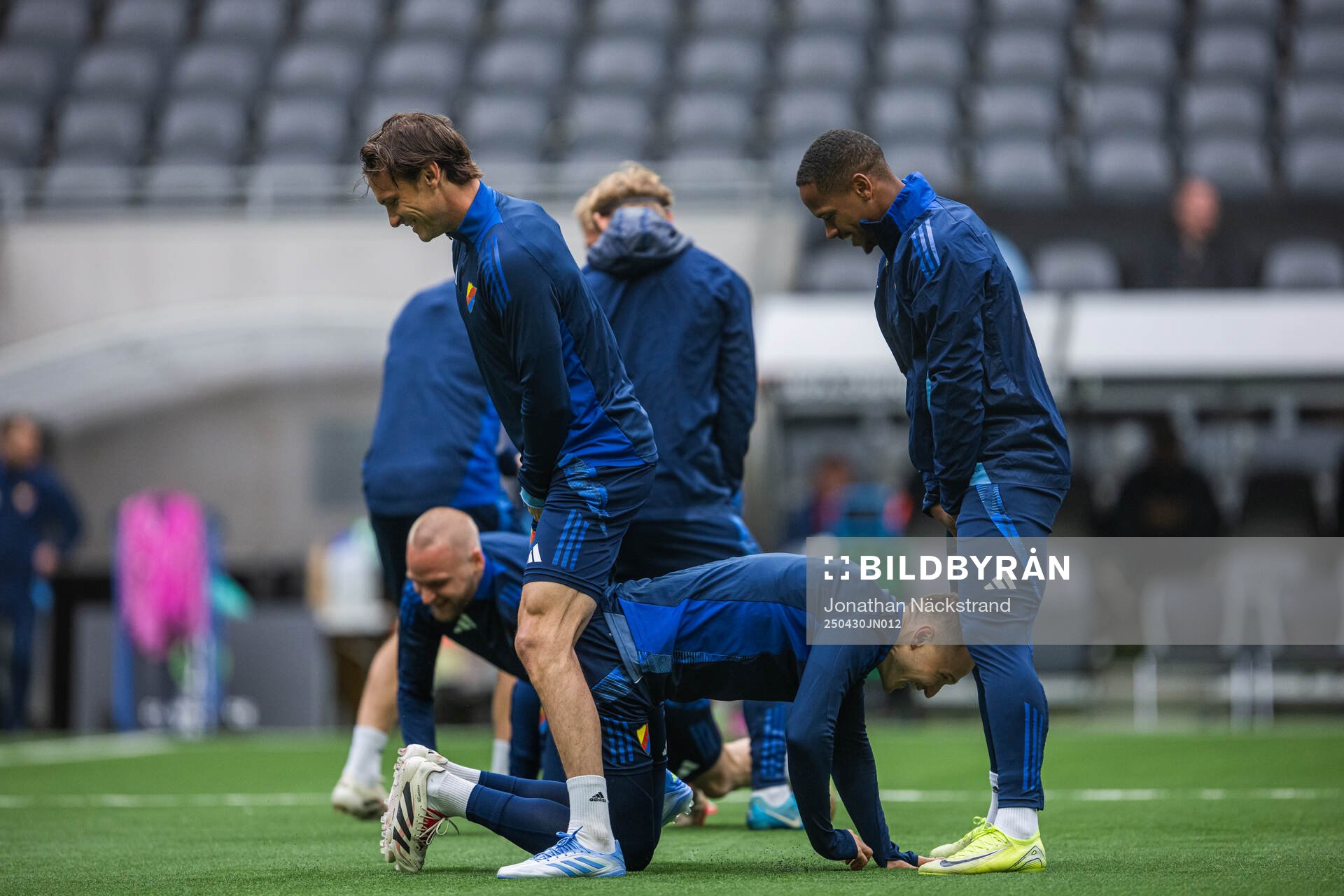 Albin Ekdal, Piotr Johansson and Zakaria Sawo during a training session with Djurgården on April 30, 2025 in Stockholm.