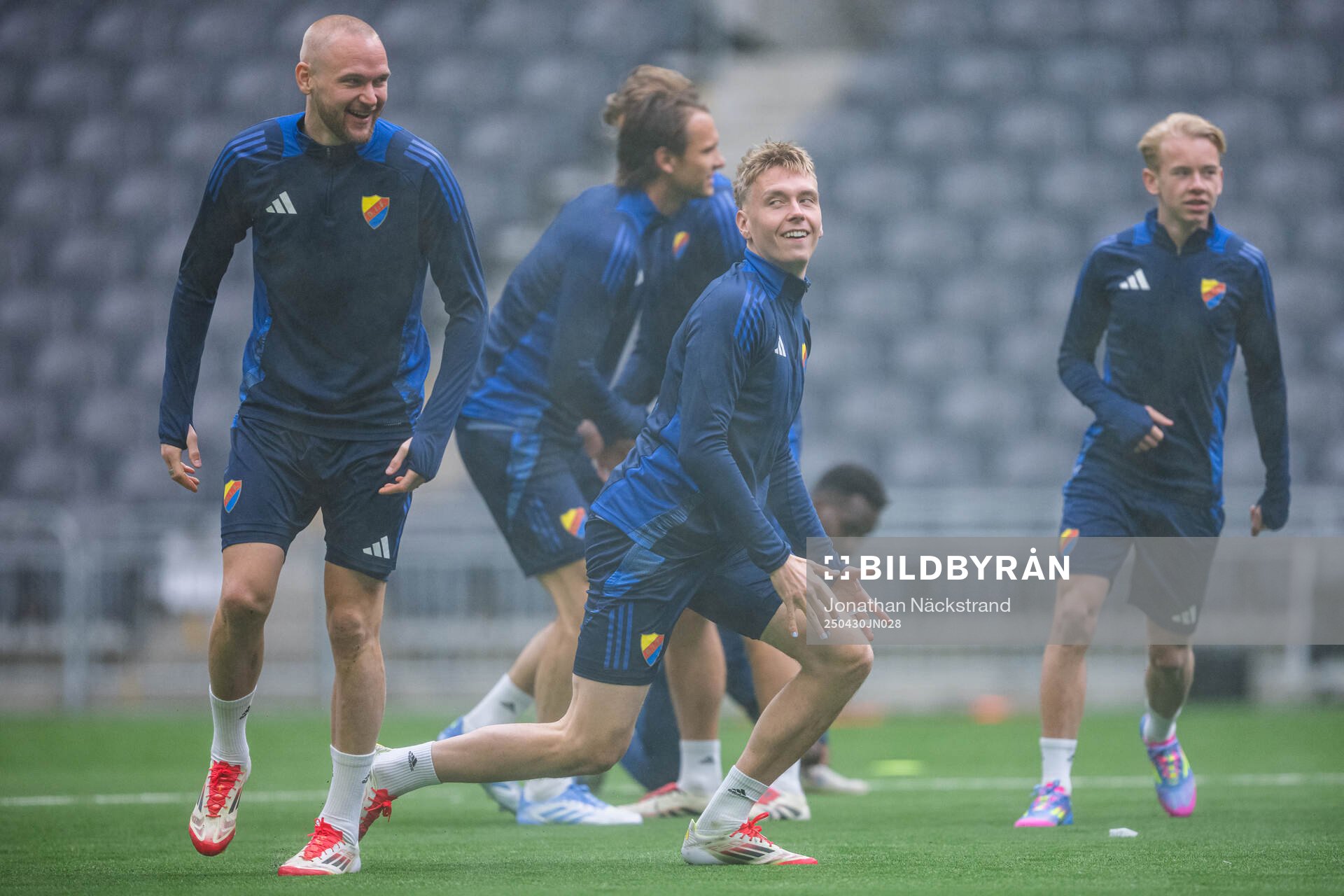 Adam Ståhl and Santeri Haarala during a training session with Djurgården on April 30, 2025 in Stockholm. 