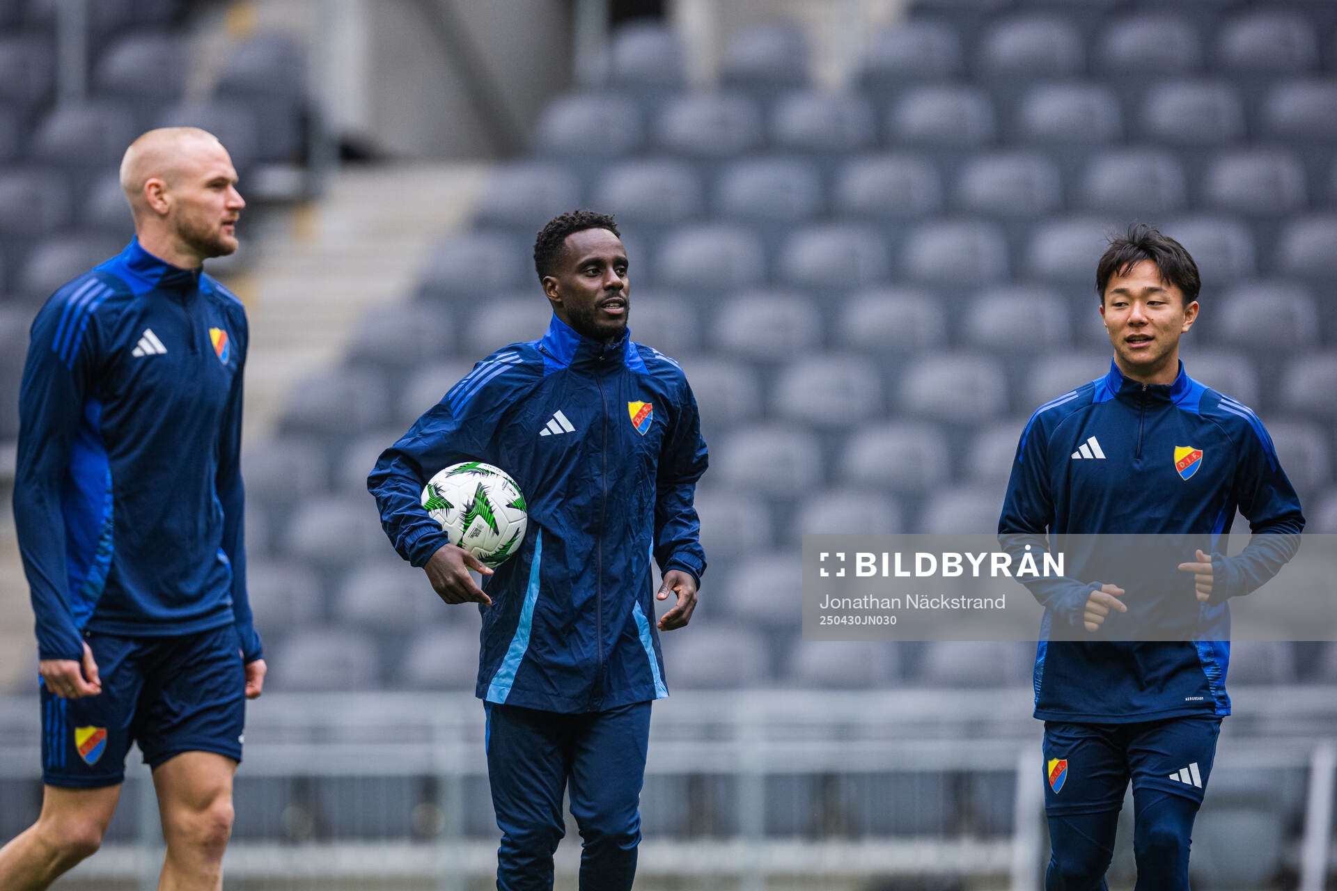 Adam Ståhl, Tokmac Nguen and Keita Kosugi during a training session with Djurgården on April 30, 2025 in Stockholm. 