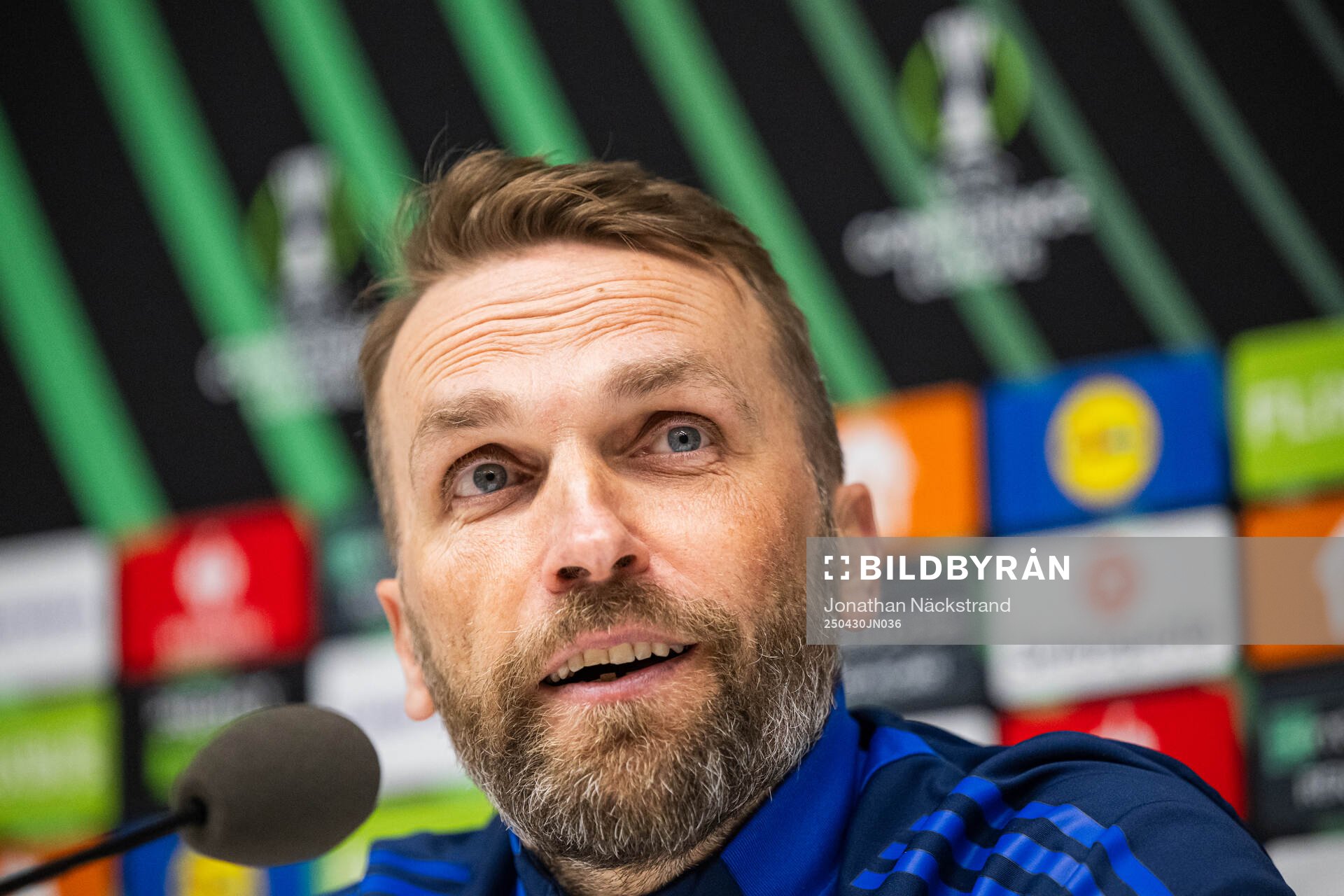 Head coach Jani Honkavaara of Djurgården during a UEFA Conference League press conference on April 30, 2025 in Stockholm. 