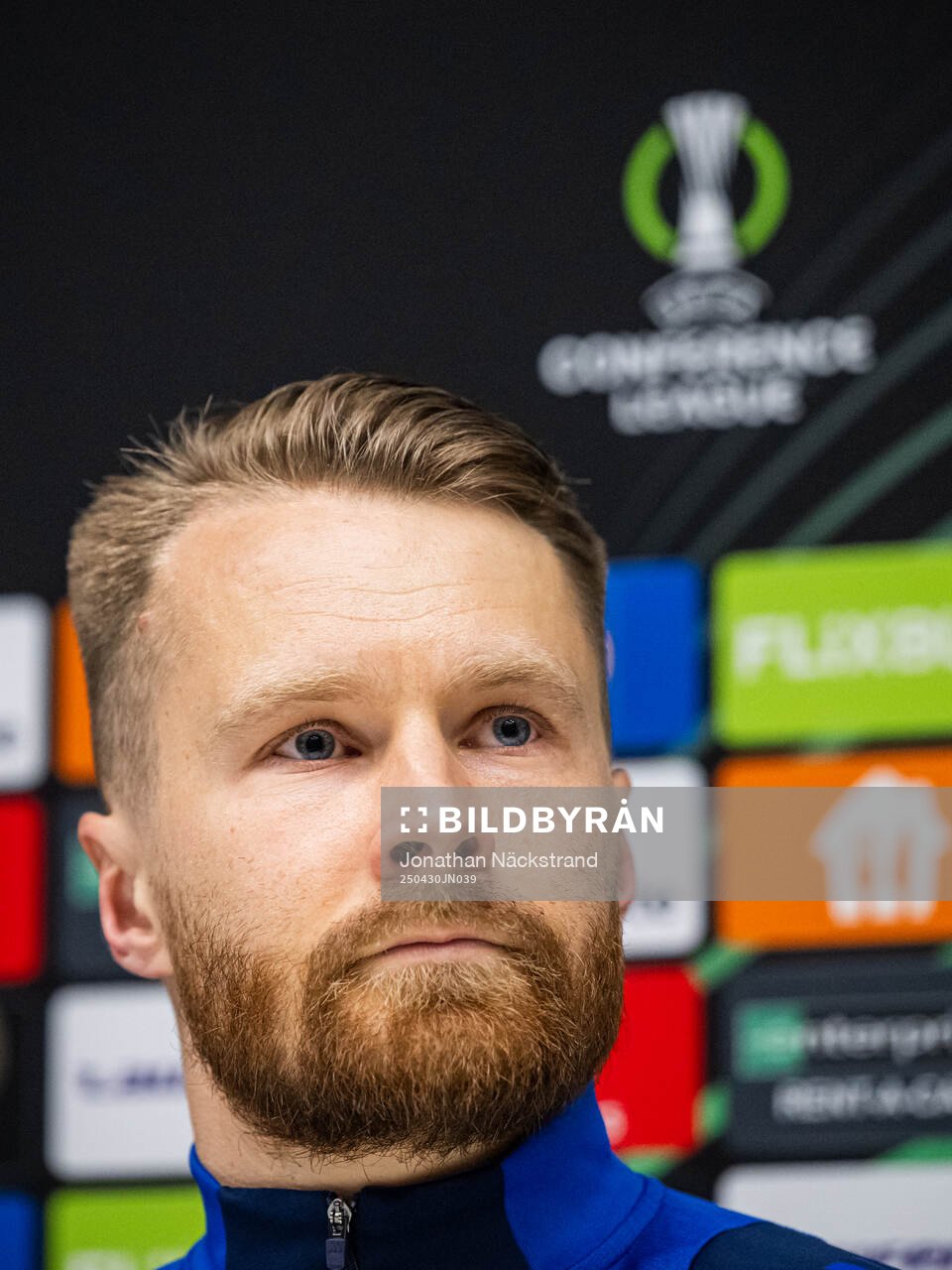 Jacob Une of Djurgården during a UEFA Conference League press conference on April 30, 2025 in Stockholm. 