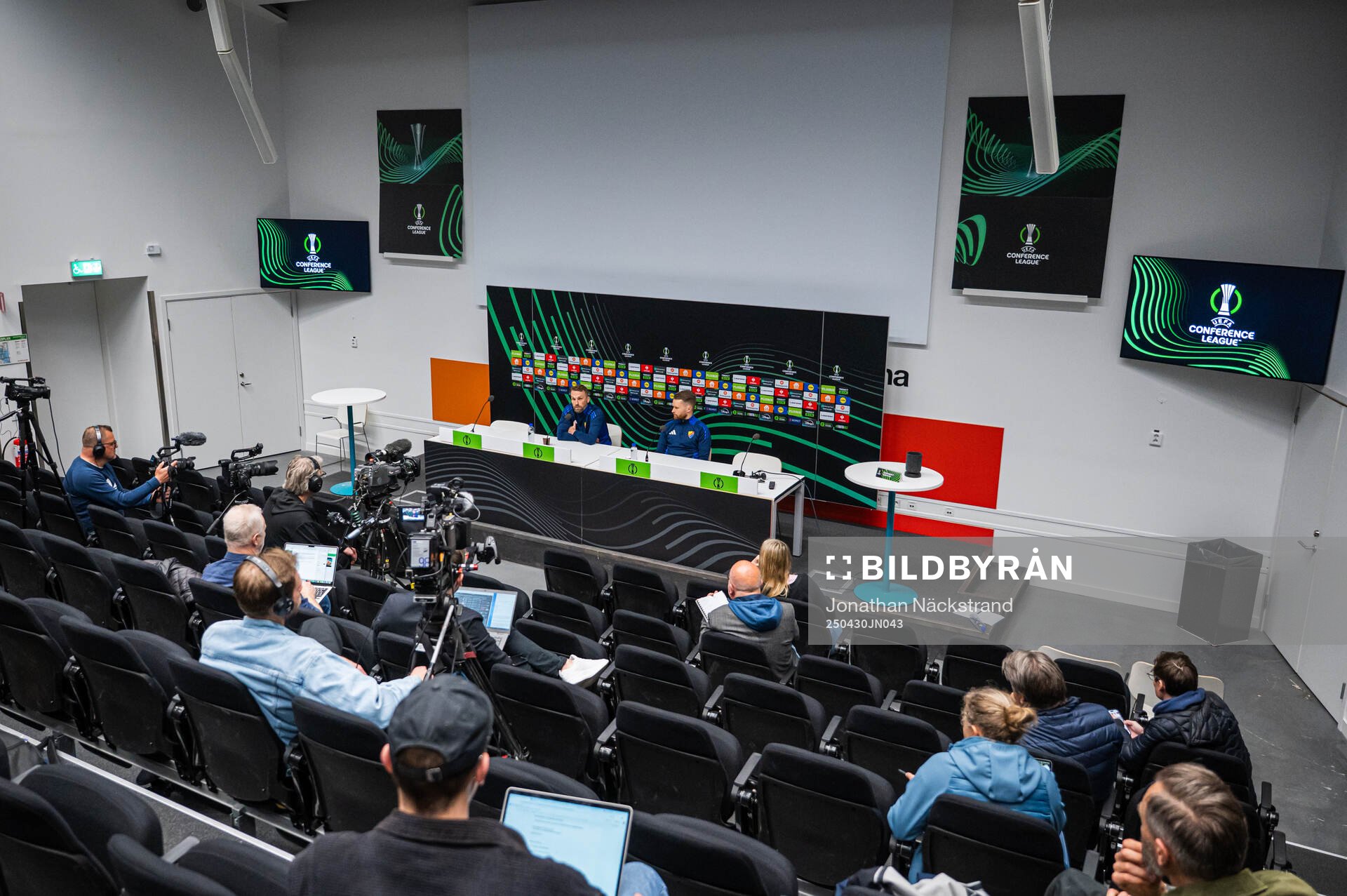Head coach Jani Honkavaara and Jacob Une of Djurgården during a UEFA Conference League press conference on April 30, 2025 in Stockholm. 