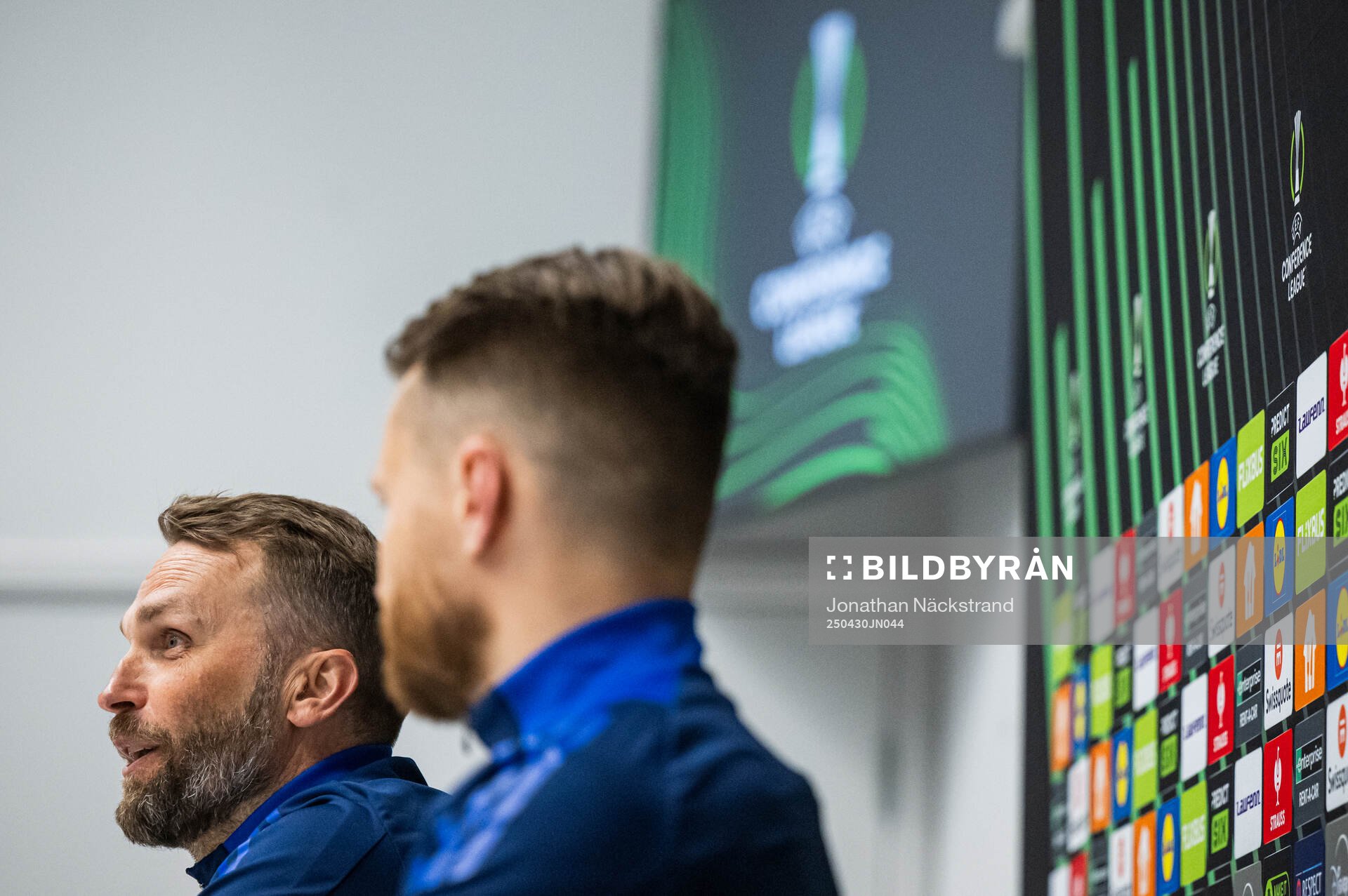 Head coach Jani Honkavaara and Jacob Une of Djurgården during a UEFA Conference League press conference on April 30, 2025 in Stockholm.