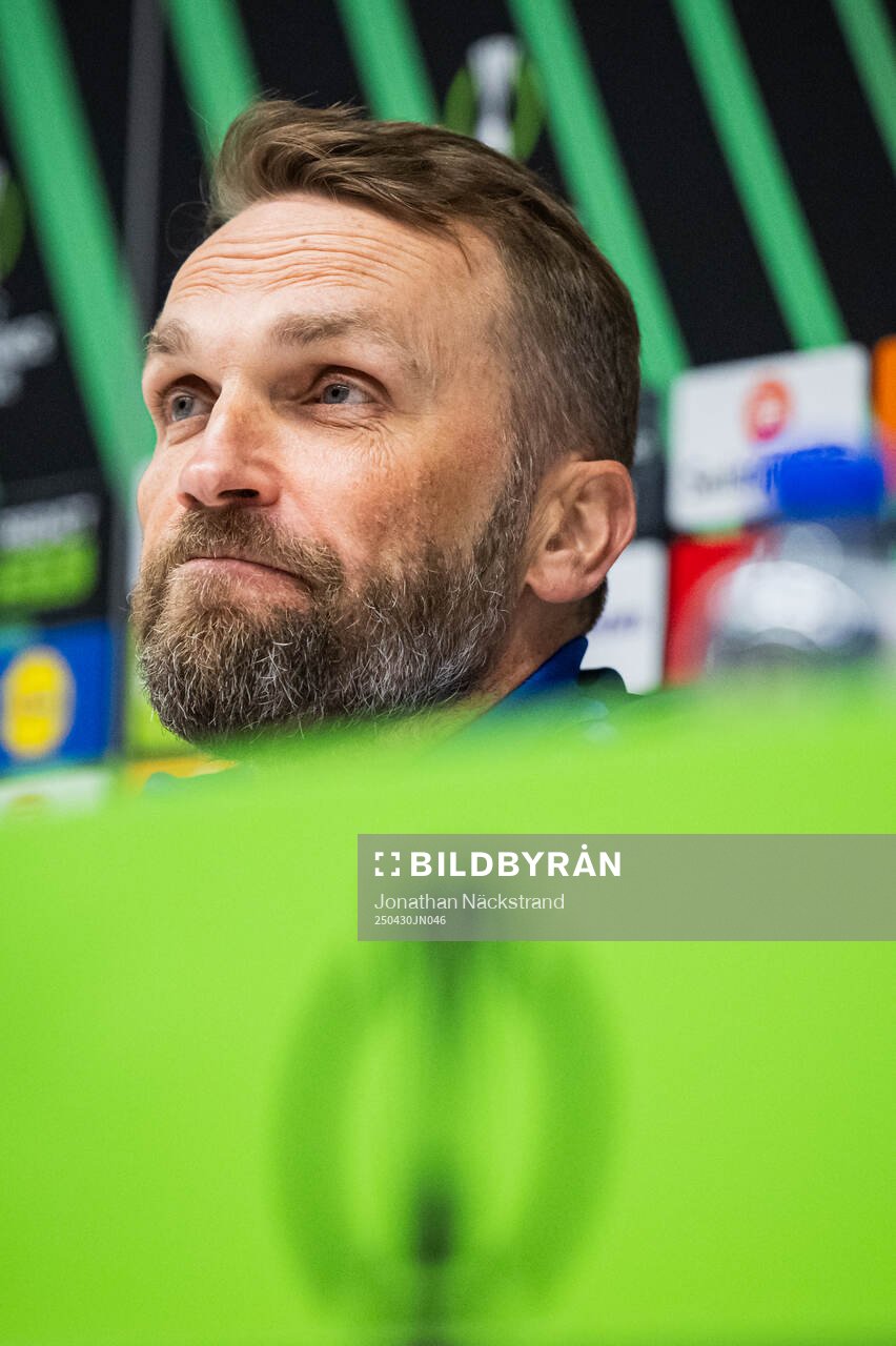 Head coach Jani Honkavaara of Djurgården during a UEFA Conference League press conference on April 30, 2025 in Stockholm.
