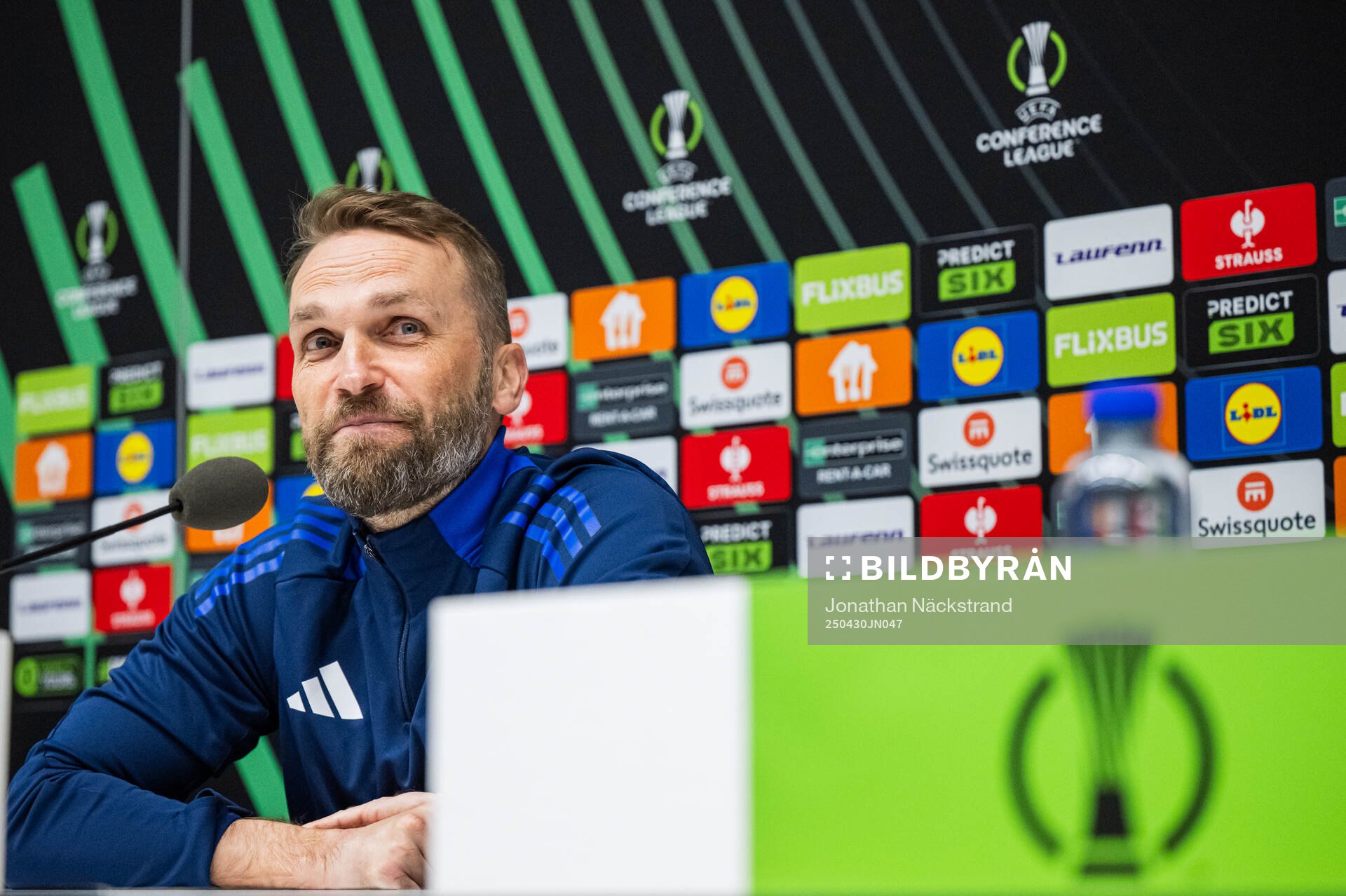 Head coach Jani Honkavaara of Djurgården during a UEFA Conference League press conference on April 30, 2025 in Stockholm. 