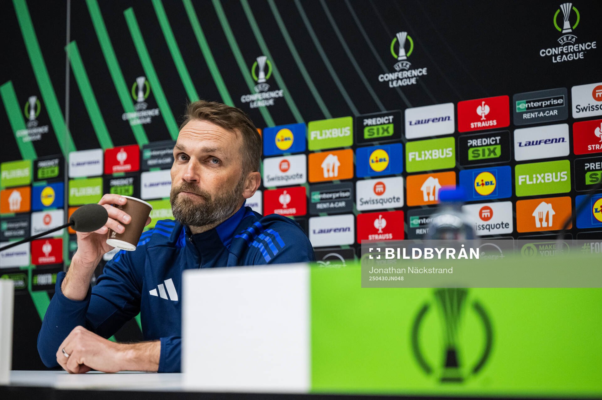 Head coach Jani Honkavaara of Djurgården during a UEFA Conference League press conference on April 30, 2025 in Stockholm.