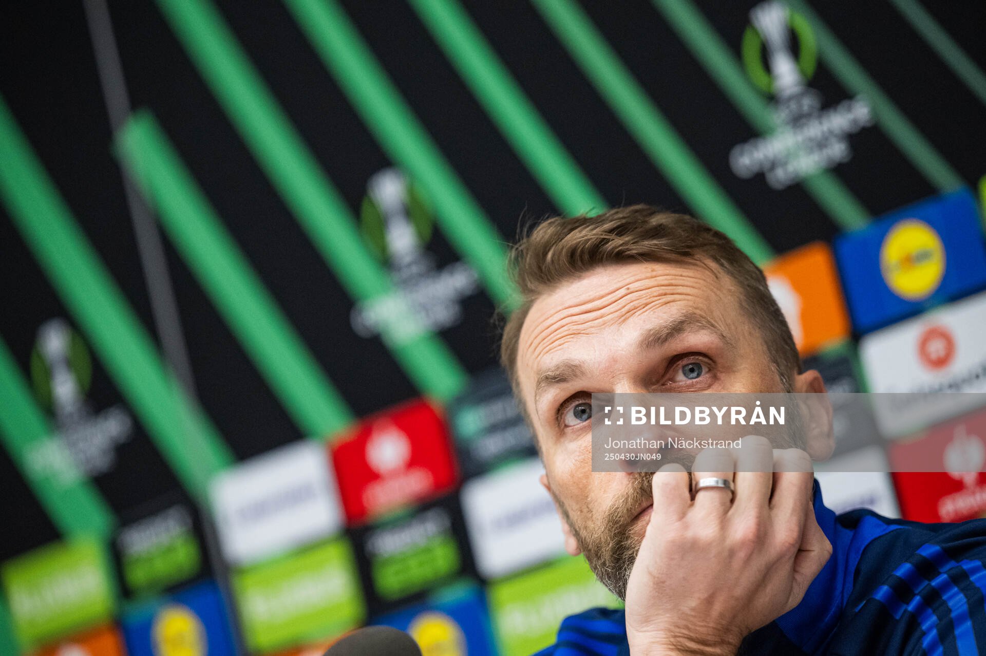 Head coach Jani Honkavaara of Djurgården during a UEFA Conference League press conference on April 30, 2025 in Stockholm.