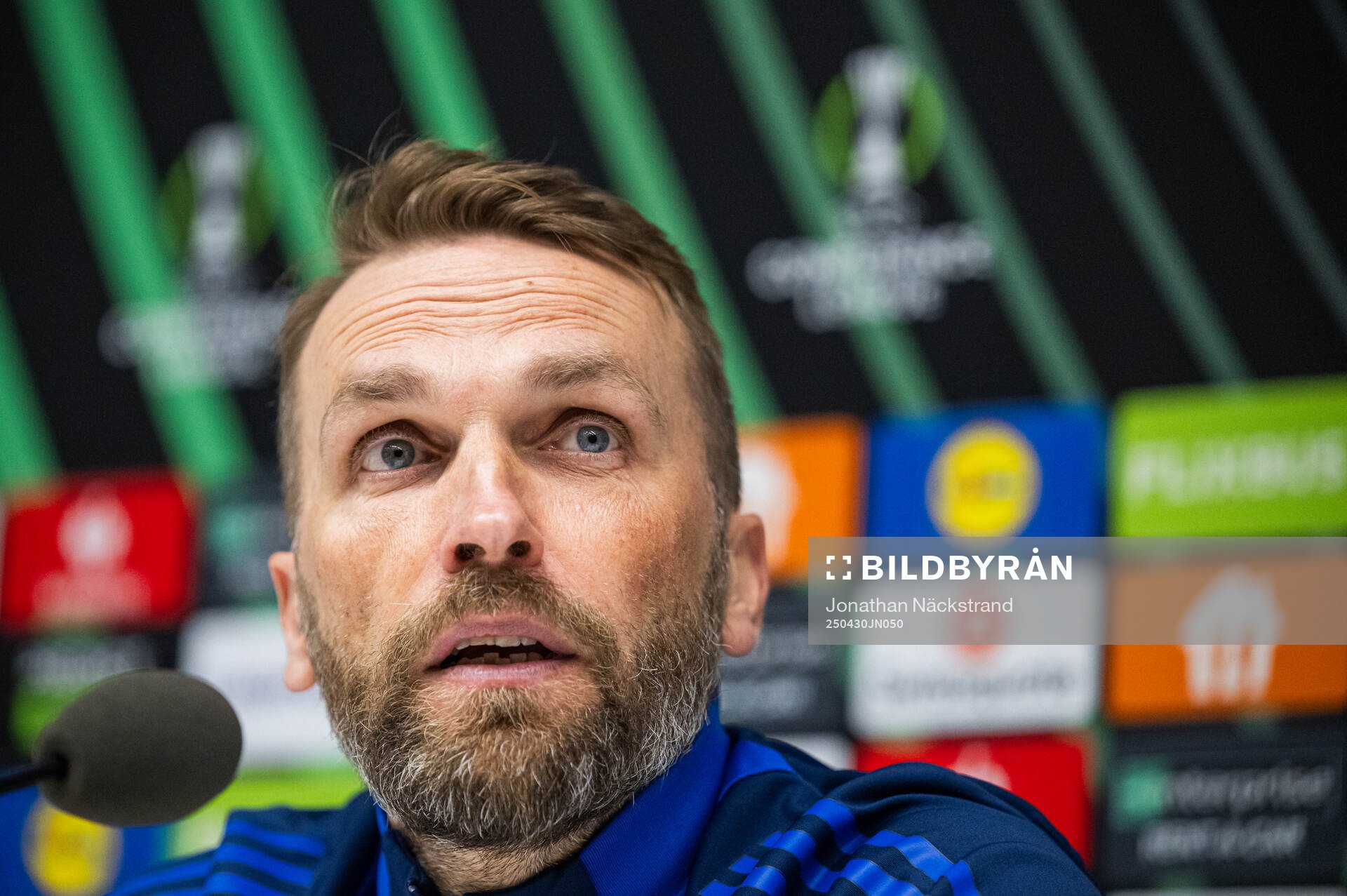 Head coach Jani Honkavaara of Djurgården during a UEFA Conference League press conference on April 30, 2025 in Stockholm. 