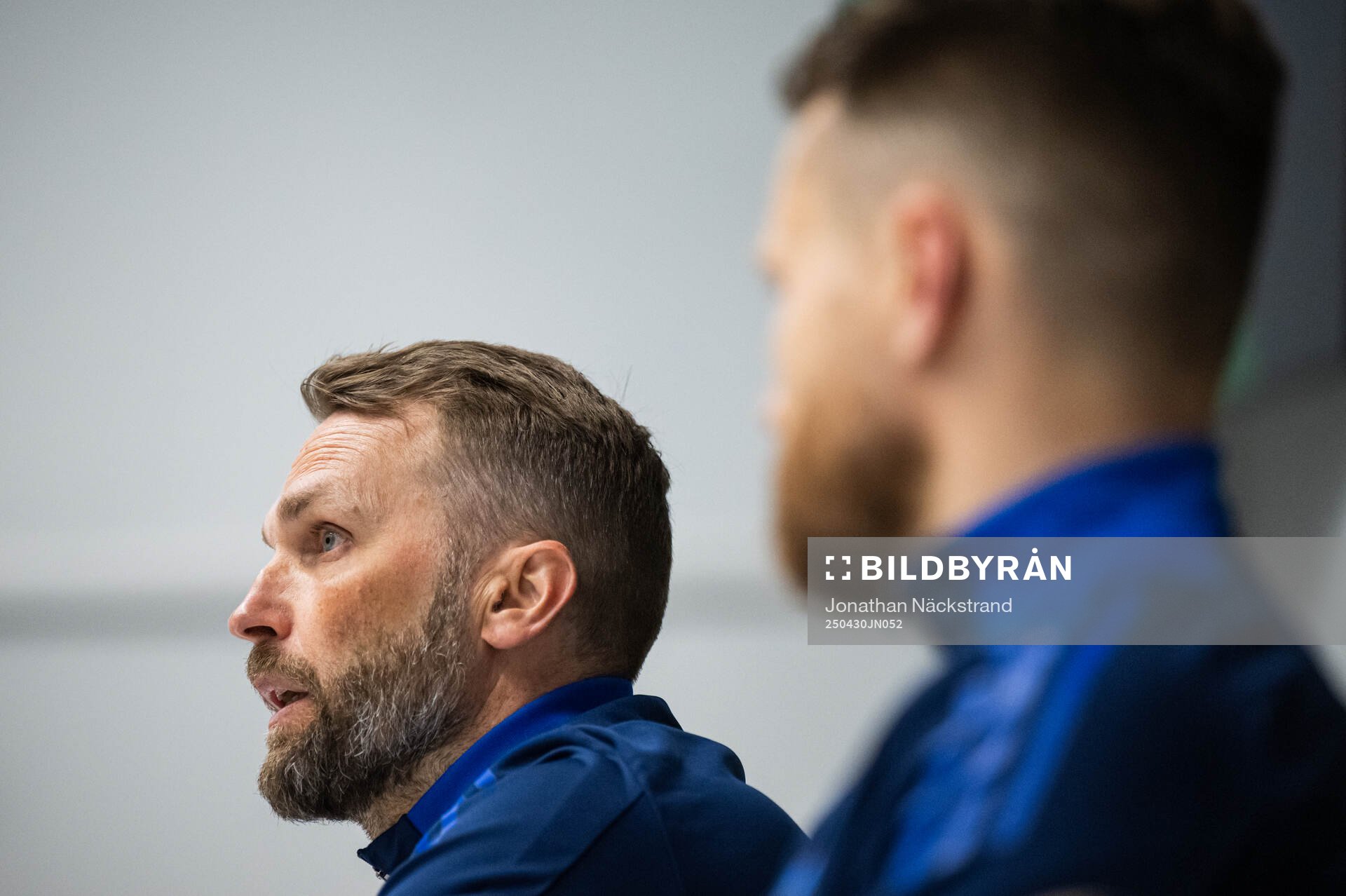 Head coach Jani Honkavaara and Jacob Une of Djurgården during a UEFA Conference League press conference on April 30, 2025 in Stockholm.