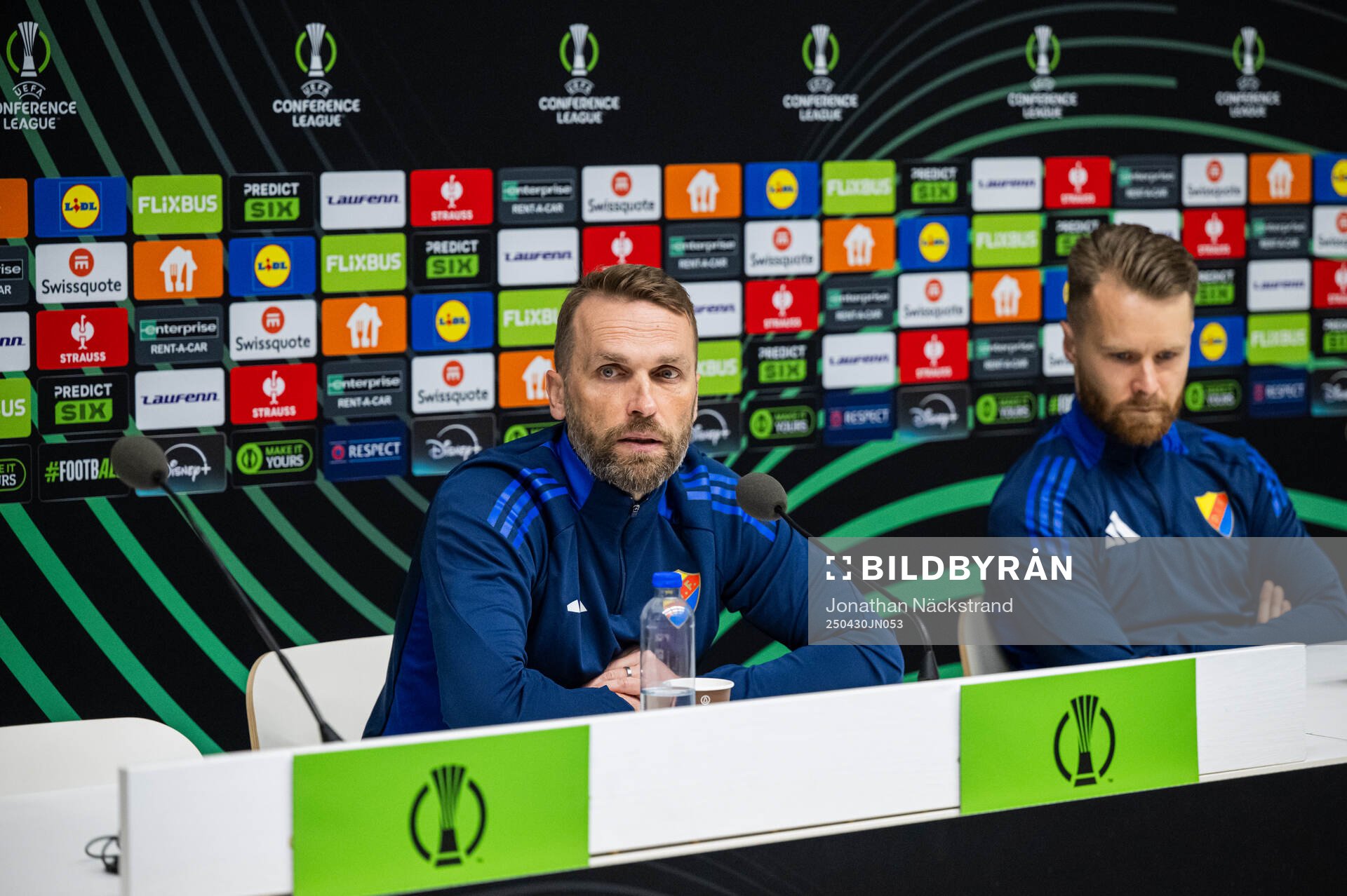 Head coach Jani Honkavaara and Jacob Une of Djurgården during a UEFA Conference League press conference on April 30, 2025 in Stockholm. 