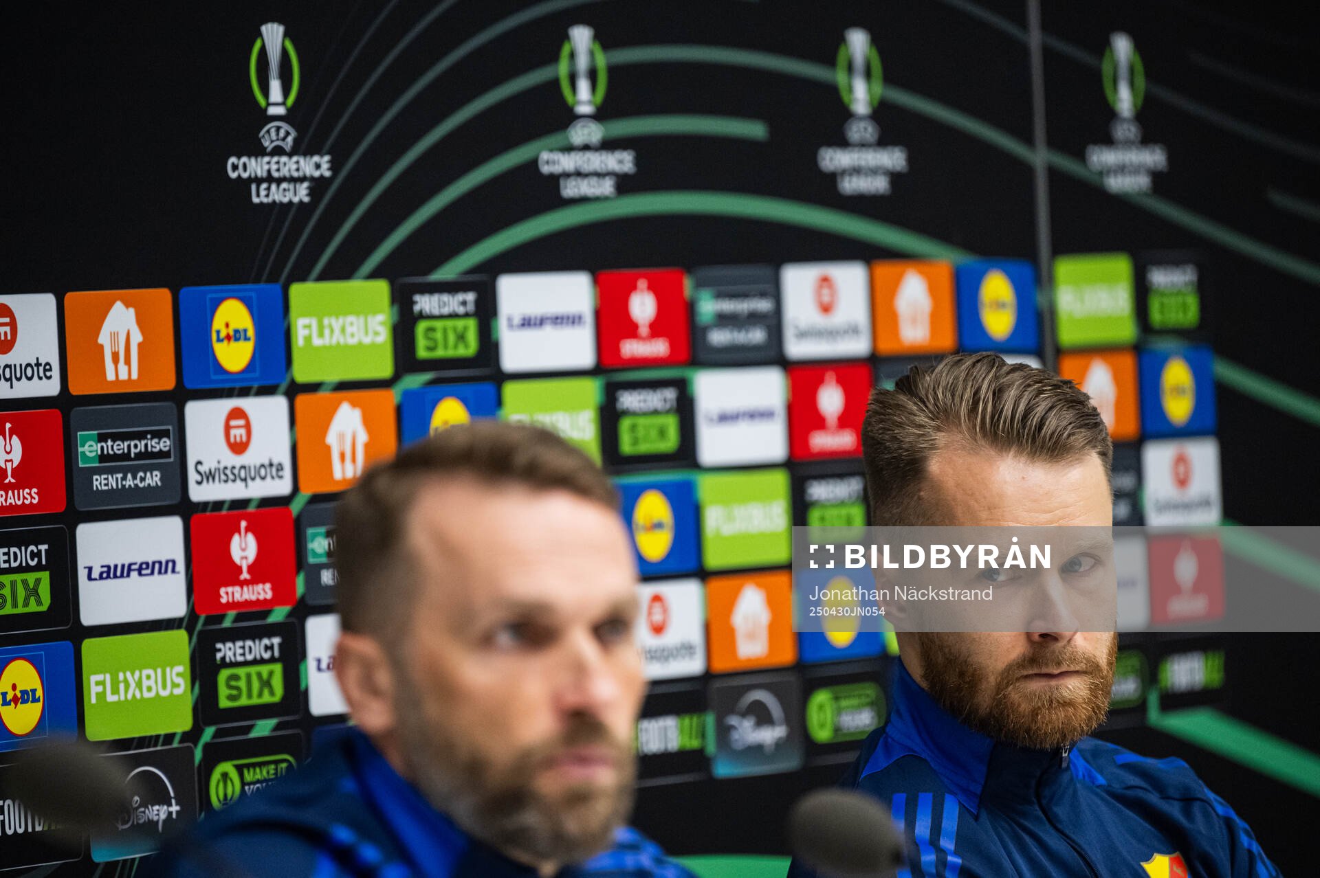 Head coach Jani Honkavaara and Jacob Une of Djurgården during a UEFA Conference League press conference on April 30, 2025 in Stockholm. 