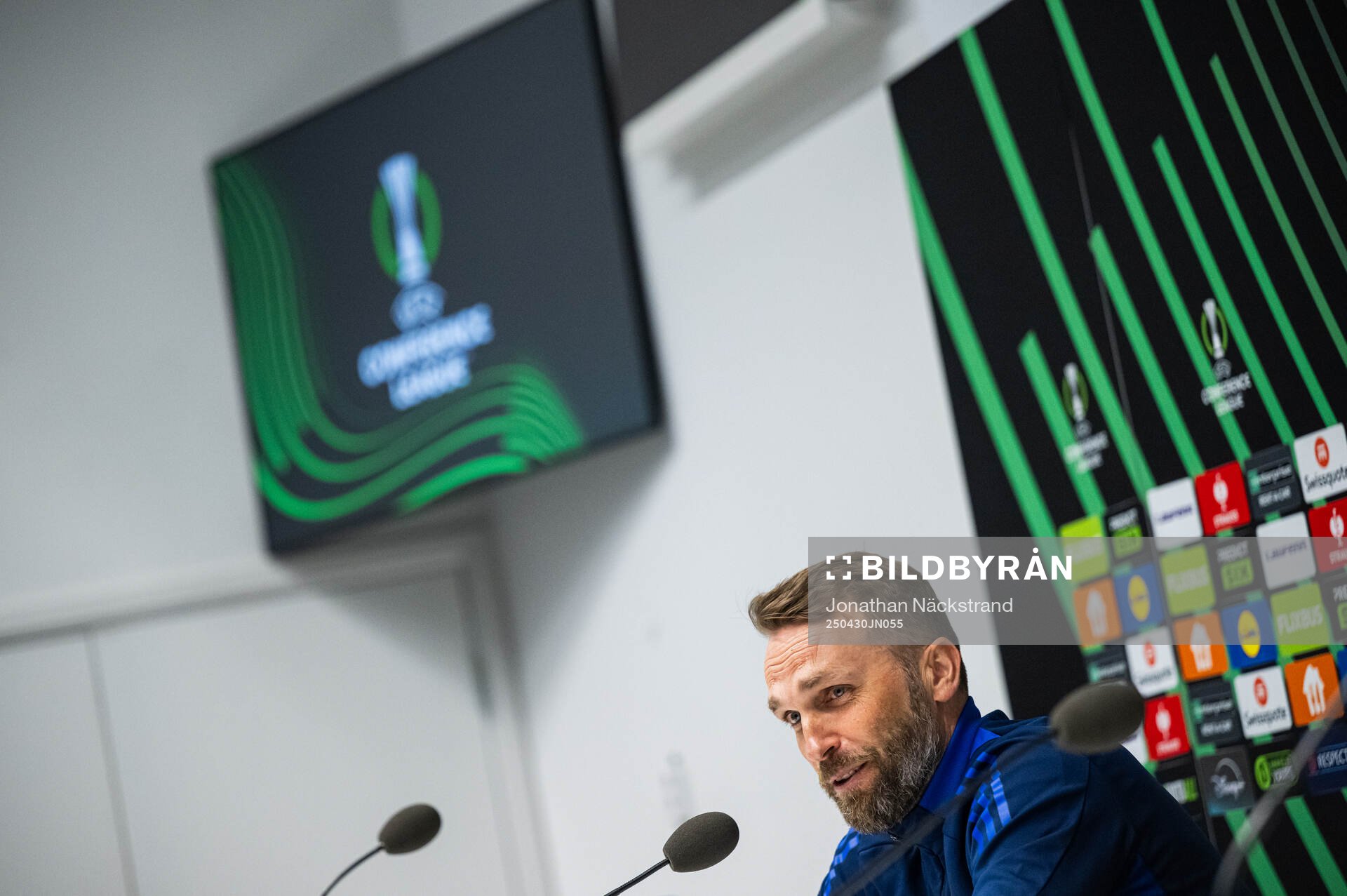 Head coach Jani Honkavaara of Djurgården during a UEFA Conference League press conference on April 30, 2025 in Stockholm.