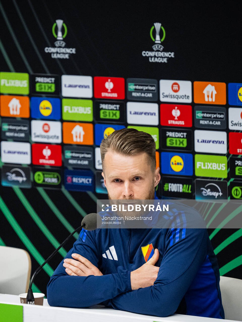 Jacob Une of Djurgården during a UEFA Conference League press conference on April 30, 2025 in Stockholm. 