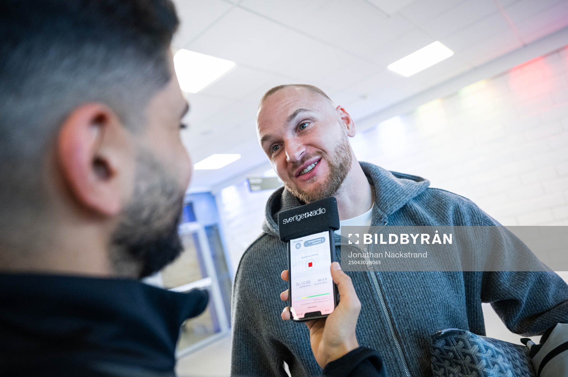 Adam Ståhl during a mixed zone following a  training session with Djurgården on April 30, 2025 in Stockholm. 