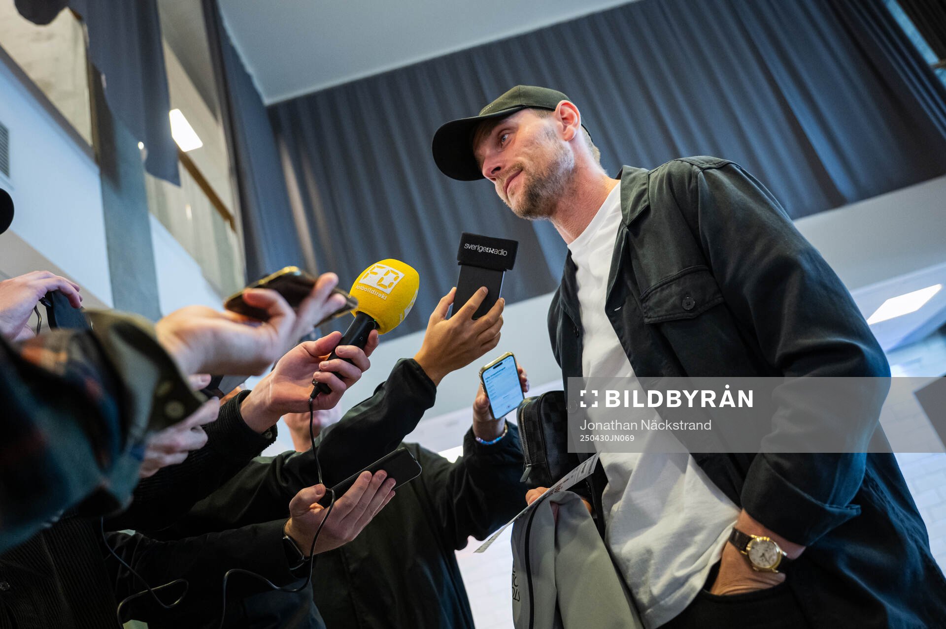 Jacob Rinne during a mixed zone following a  training session with Djurgården on April 30, 2025 in Stockholm. 