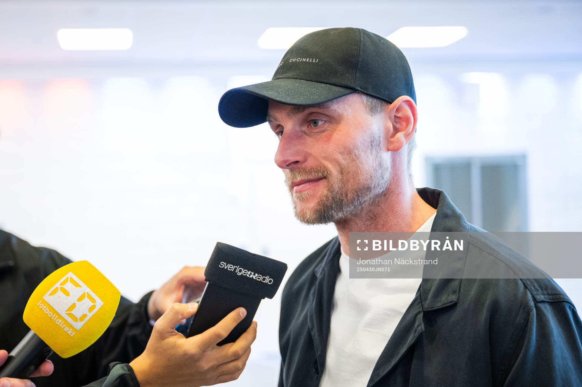 Jacob Rinne during a mixed zone following a  training session with Djurgården on April 30, 2025 in Stockholm. 
