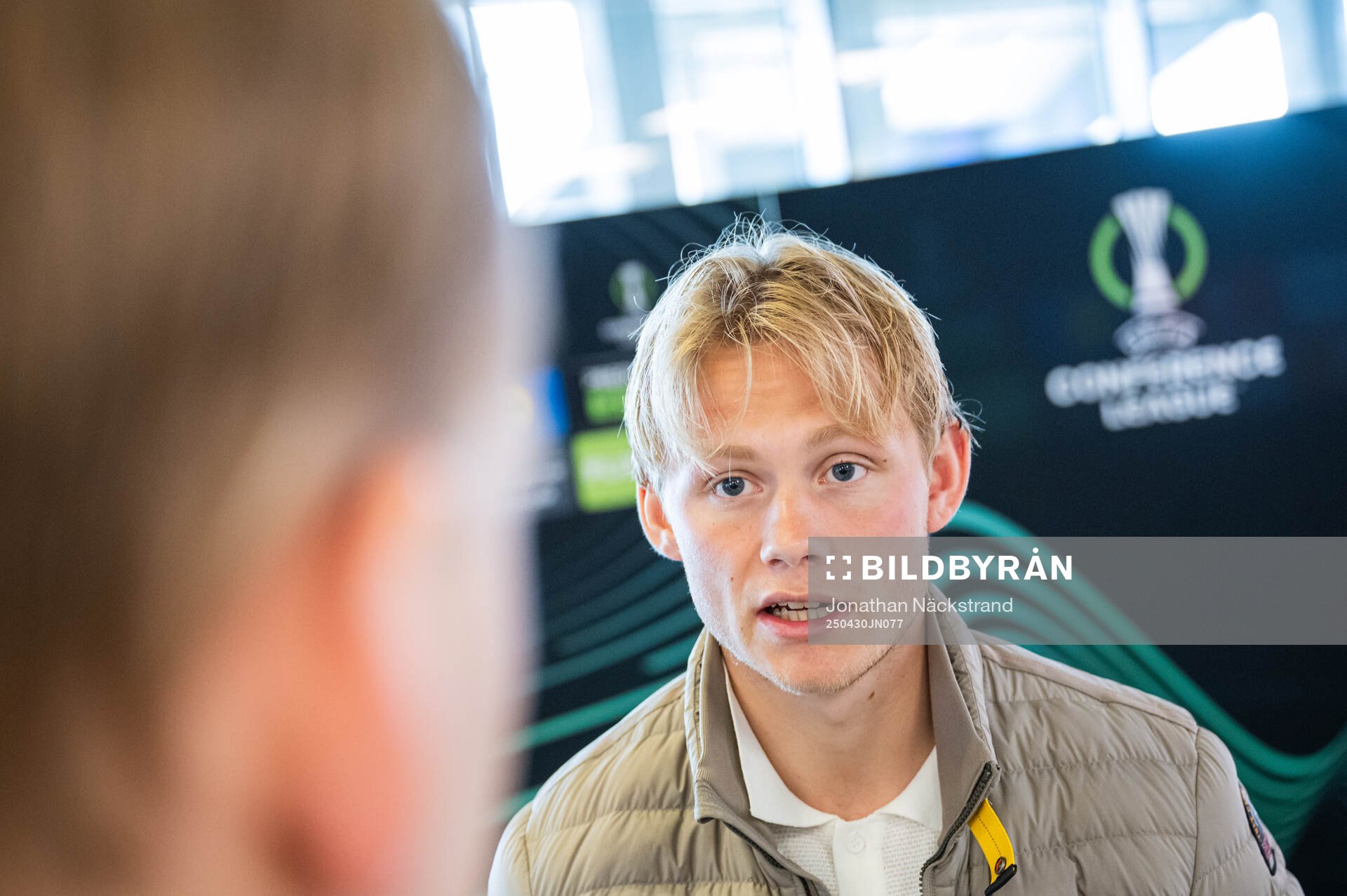 Tobias Gulliksen during a mixed zone following a  training session with Djurgården on April 30, 2025 in Stockholm. 