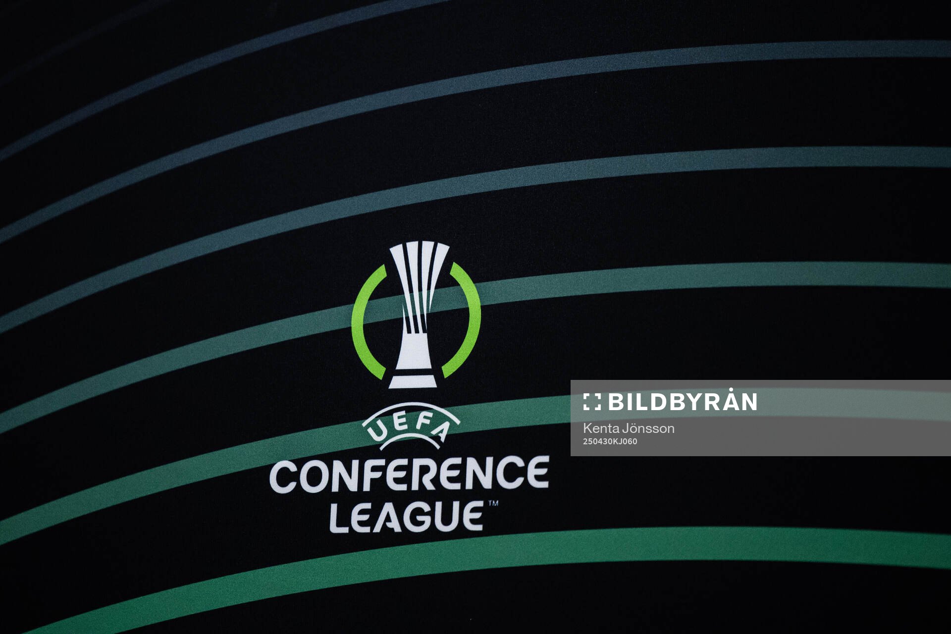 The logotype of UEFA Conference League during a press conference with Chelsea on April 30, 2025 in Stockholm. 