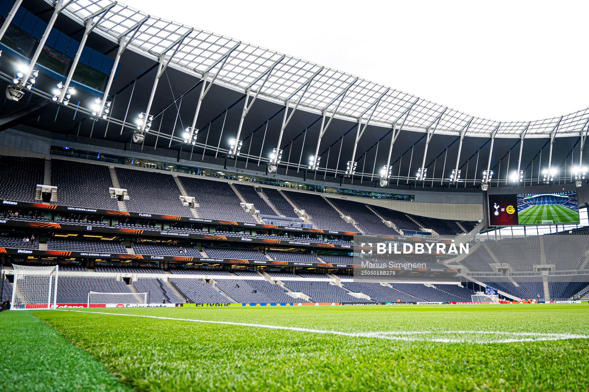 Tottenham Hotspur Stadium ahead of the UEFA Europa League semi-final football match between Tottenham and Bodø/Glimt on May 1, 2025 in London.