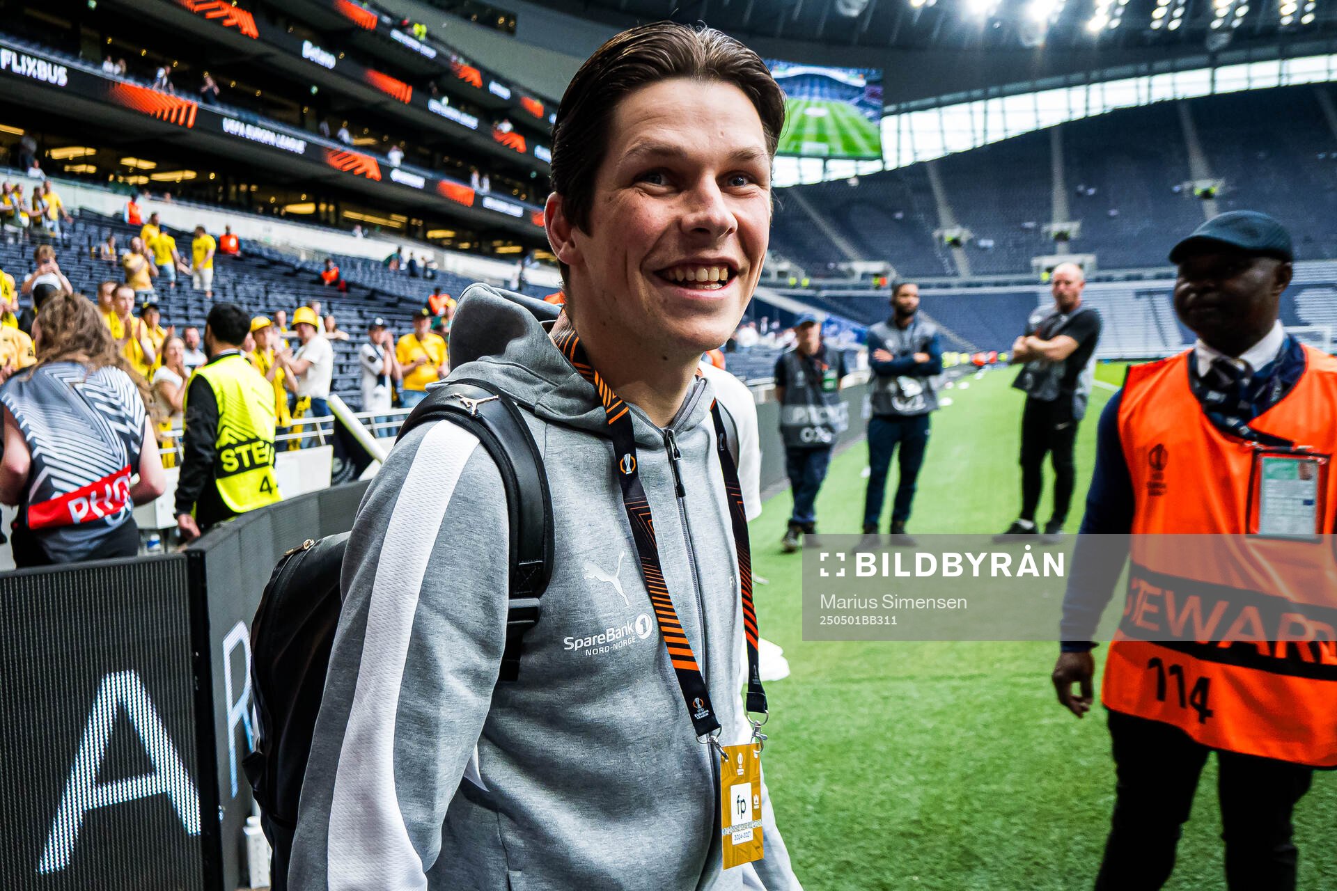 Sondre Brunstad Fet of Bodø/Glimt arrives ahead of the UEFA Europa League semi-final football match between Tottenham and Bodø/Glimt on May 1, 2025 in London.