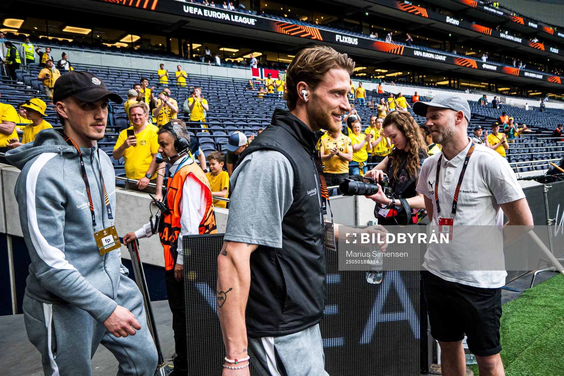 Andreas Helmersen and Kasper Høgh of Bodø/Glimt arrives ahead of the UEFA Europa League semi-final football match between Tottenham and Bodø/Glimt on May 1, 2025 in London.